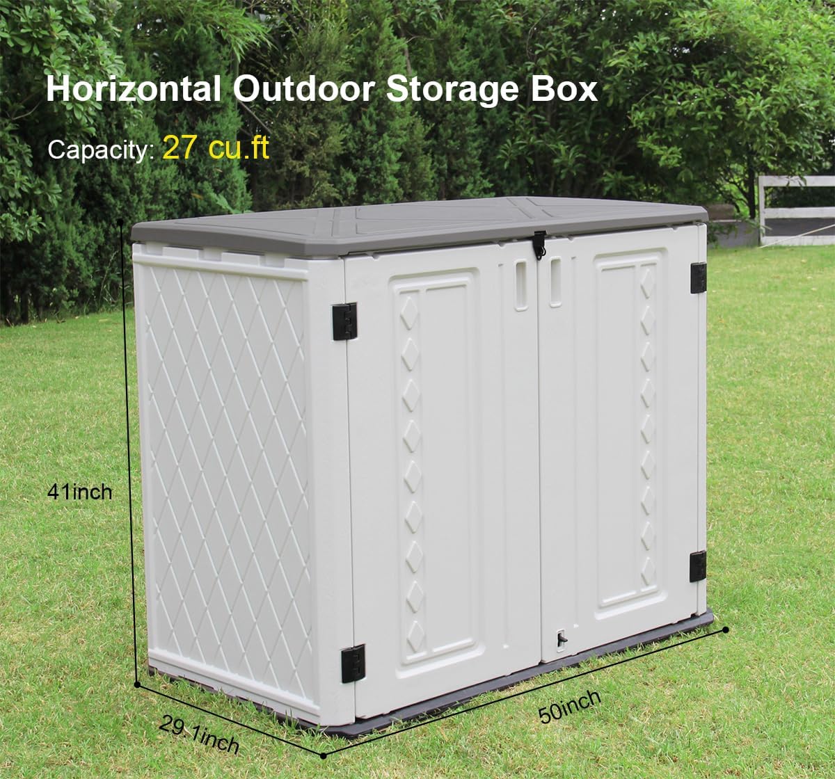 KINYING Outdoor Storage Shed-Horizontal Storage Cabinet Waterproof for Garden, Patios, Backyards, 35 Cu.ft Resin Tool Shed for Garbage Cans, Small Tools, Lawn Mower,Off-White Color