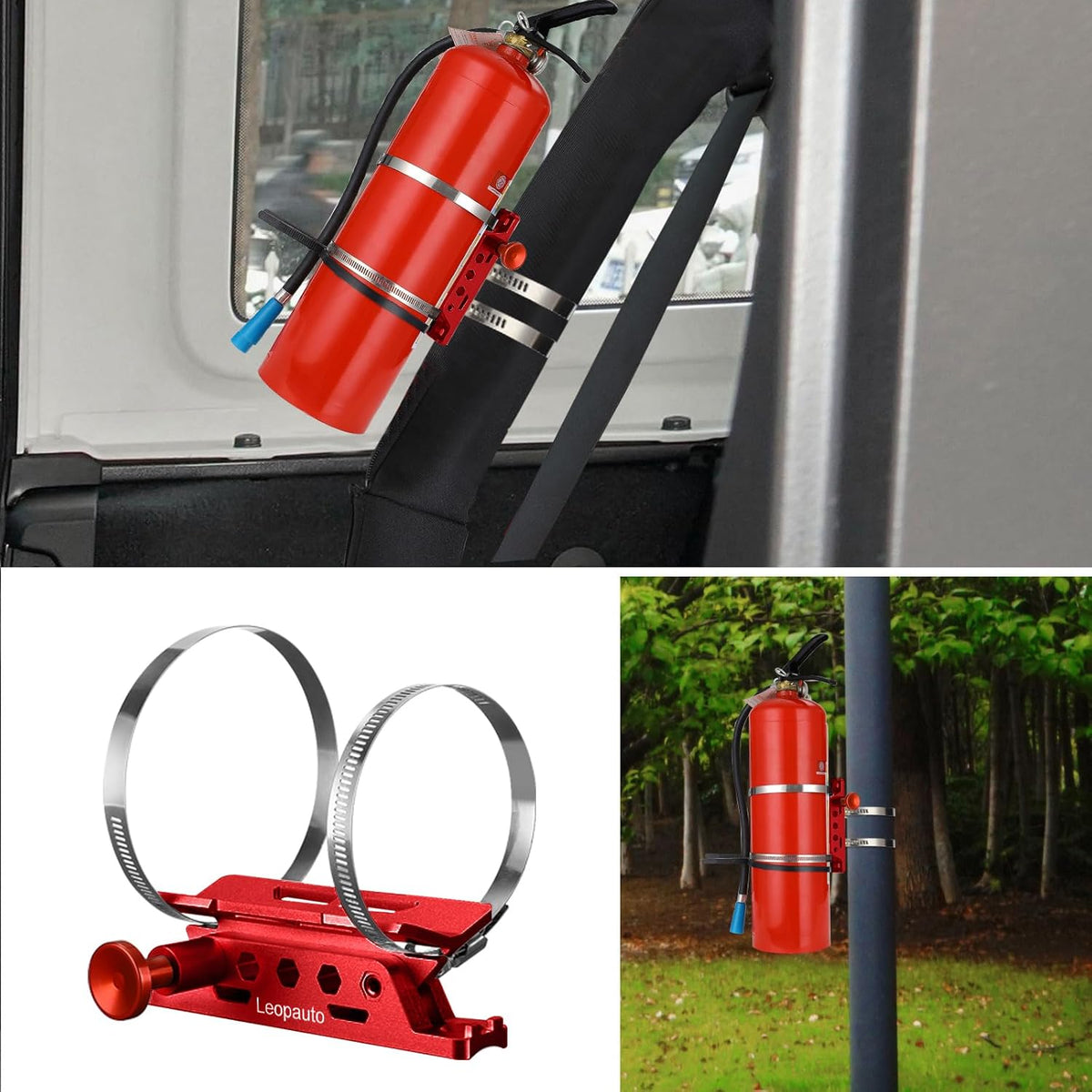 Universal Vehicle Fire Extinguisher Bracket, Aluminum Adjustable Quick Release Roll Bar Fire Extinguisher Bottle Mount with 8 Clamps, Compatible with Jeep Wrangler JK TJ Rubicon UTV, Red