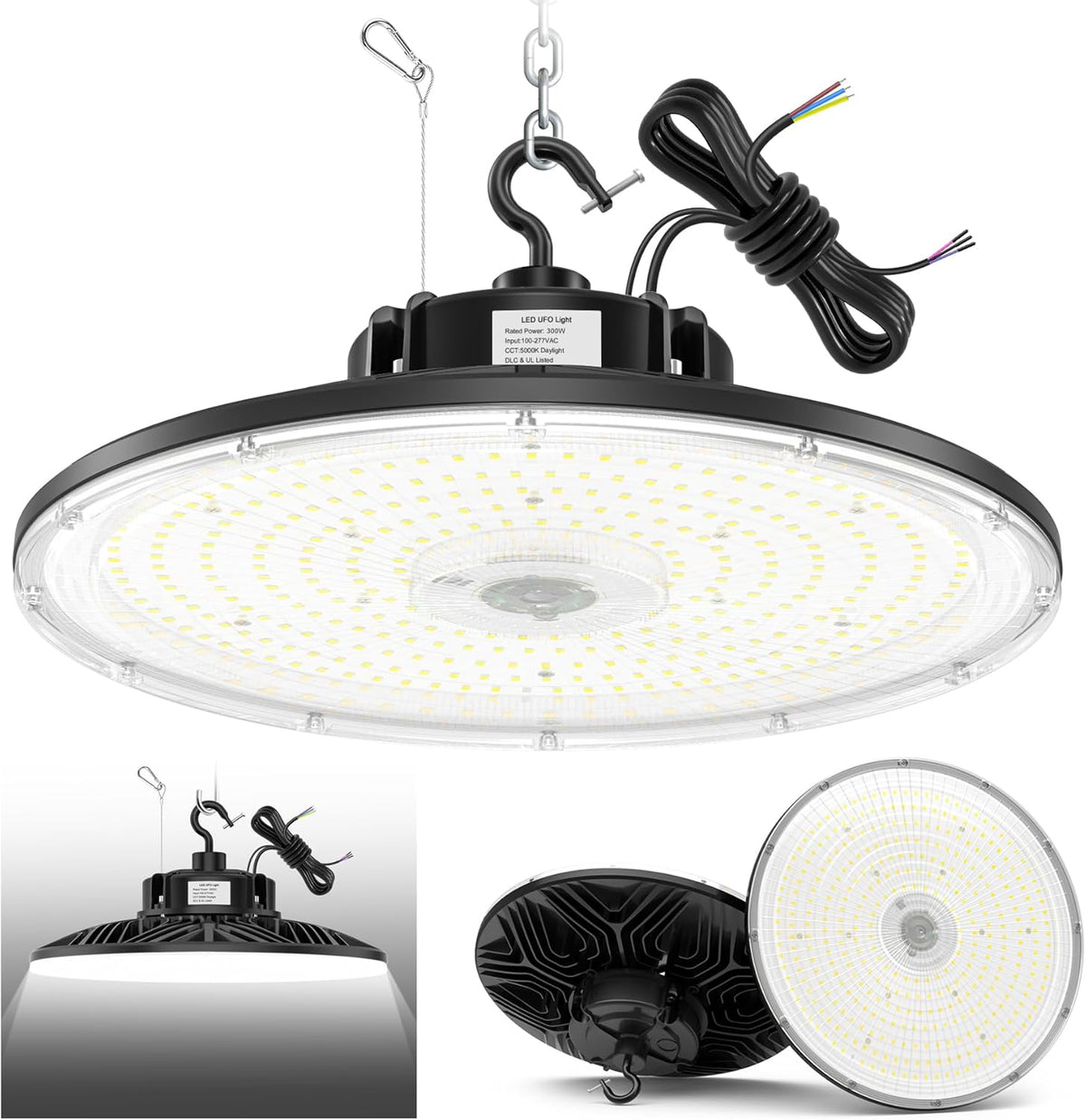 300W UFO LED High Bay Light 1-10V Dimmable, 5000K Daylight 42000LM, UL DLC Listed Low Bay LED Lights for Workshop Factory Warehouse, IP65 Waterproof Shop Lights Low Bay Lighting 100-277VAC Input
