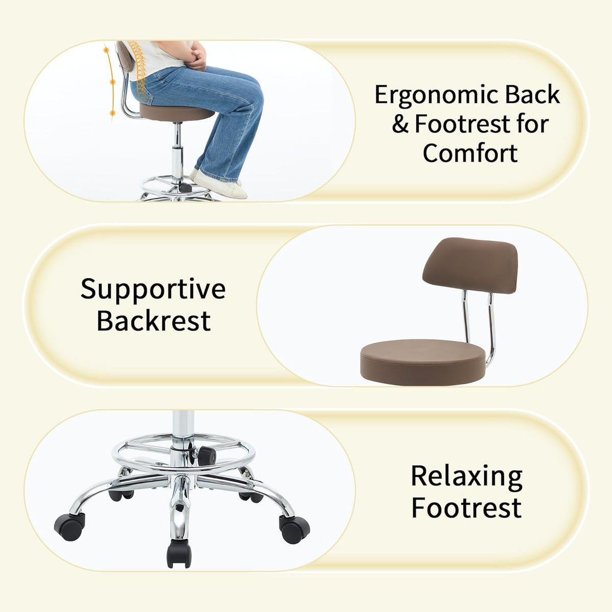 Salon Rolling Chair, Adjustable Stool with Footrest and Back 19.5’’-26.6’’,Coffee Brown Massage Stools with Wheels (Coffee Brown)