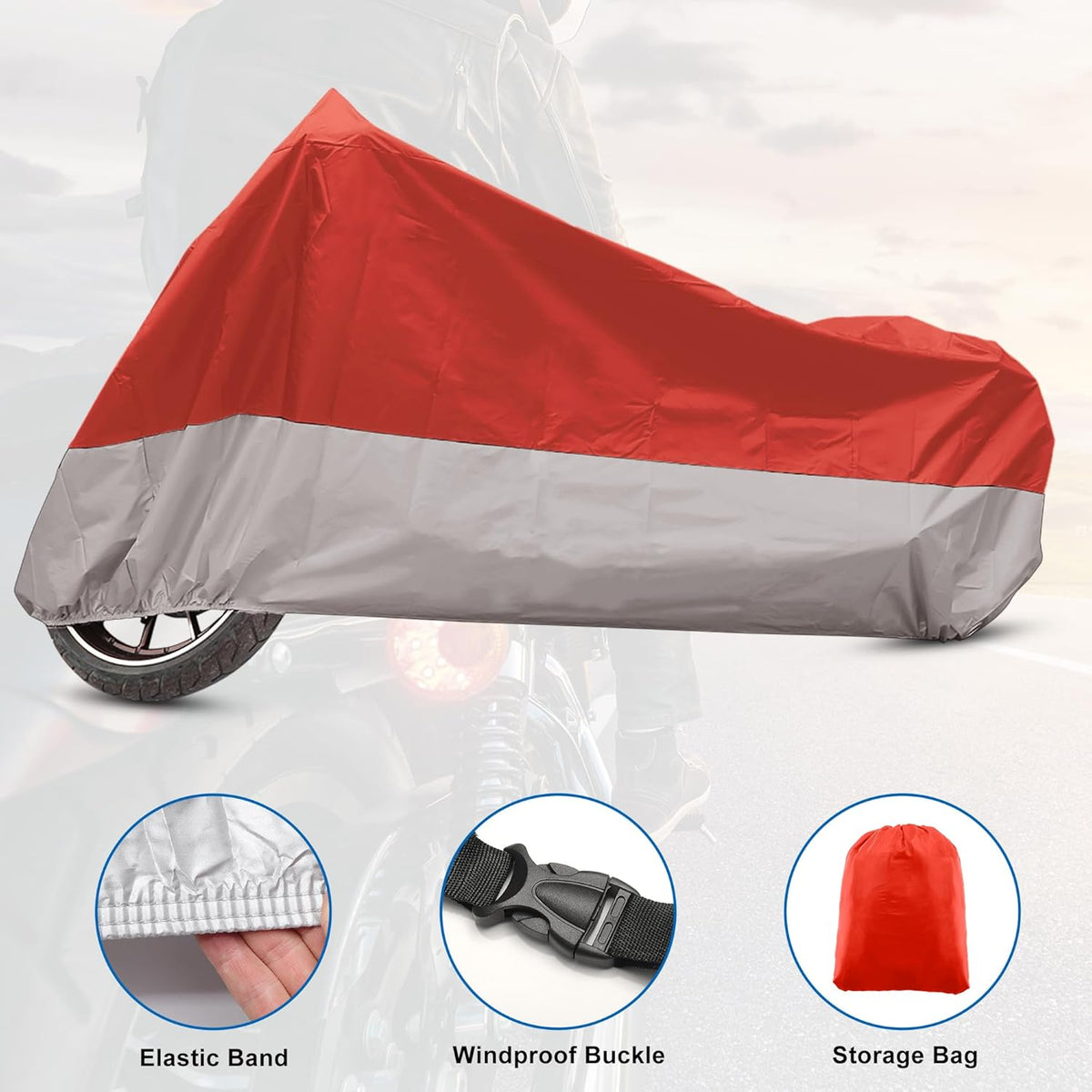 X AUTOHAUX Motorcycle Cover for Harley Davidson for Honda for Suzuki All Season Waterproof Sun Outdoor Protection Motorbike Cover Fits Up to 116.14'' Motorcycles Cover XXXL Red Silver Tone