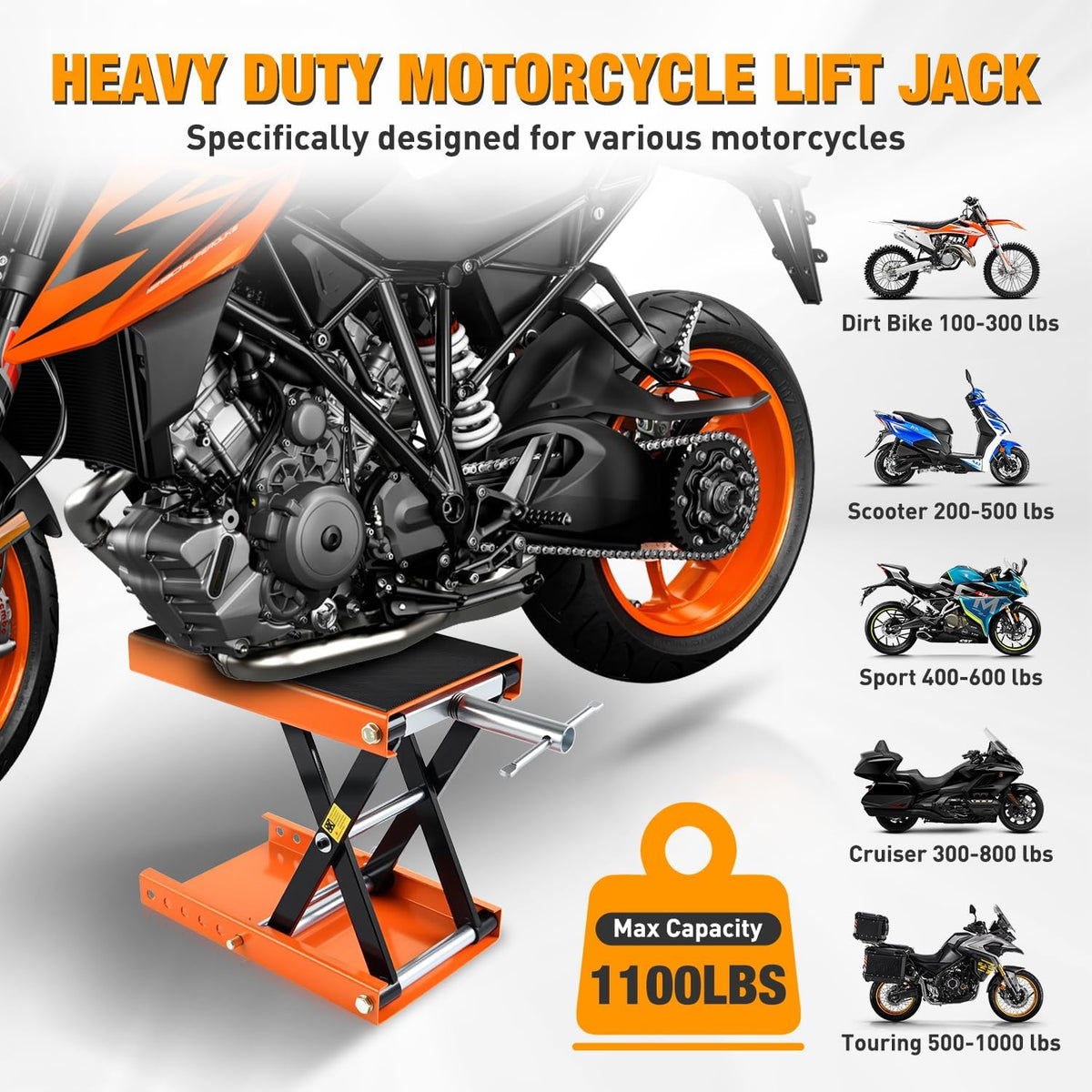 Nilight Motorcycle Lift Jack 1100 LBS Scissor Jacks Stand Lift with Wide Deck Safety Pin Handle 3.4"-14.2" Height Adjustable Hoist Stand Garage Repair Lifter for Motorcycles ATV Dirt Bike, Orange