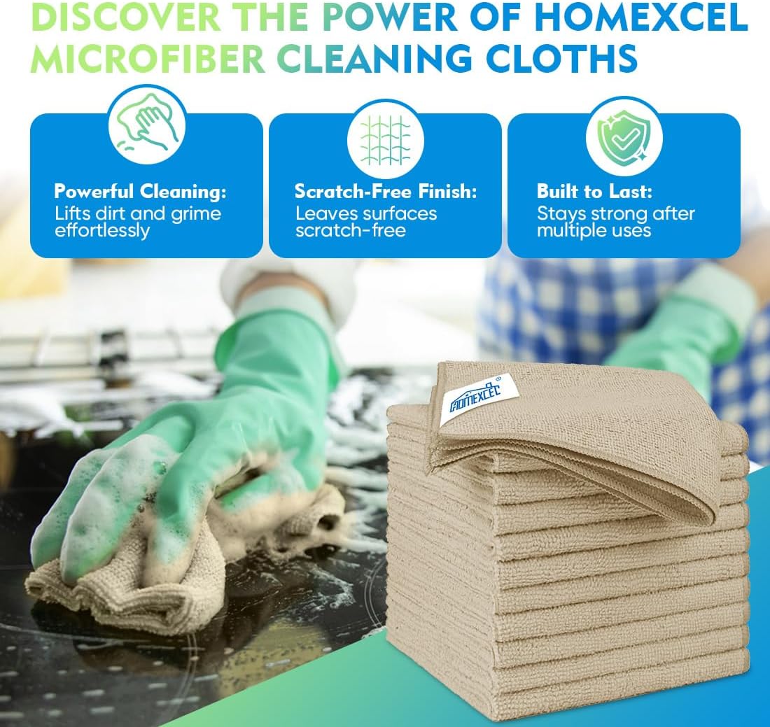 HOMEXCEL Brown Microfiber Cleaning Cloth 12 Pack, 12.5 x 12.5 inch Microfiber Towels for Cars, Ultra Absorbent Car Washing Cloth, Lint Free Streak Free Cleaning Rags for Car, Kitchen, and Window