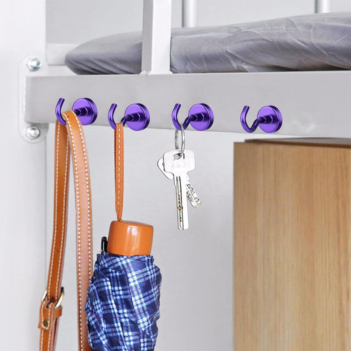 MIKEDE Magnetic Hooks, 40Lbs+ Heavy Duty Magnet Hooks for Cruise Cabins, Super Neodymium Hanging Hooks Strong Magnets with Hook for Fridge, Magnetic Hanger for Grill, Toolbox, Storage(Purple, 4 Pack)