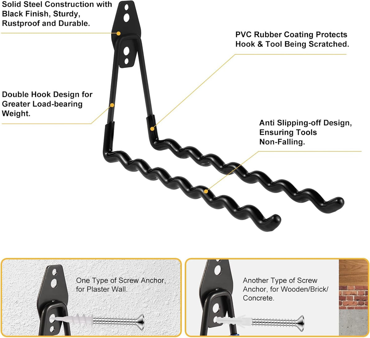 Wall Mounted Garage Hooks Tool Organizer, 10 Inch Garage Storage Hook Heavy Duty Utility Wall Hangers Black for Ladders, Hose, Garden Tools, Set of 4