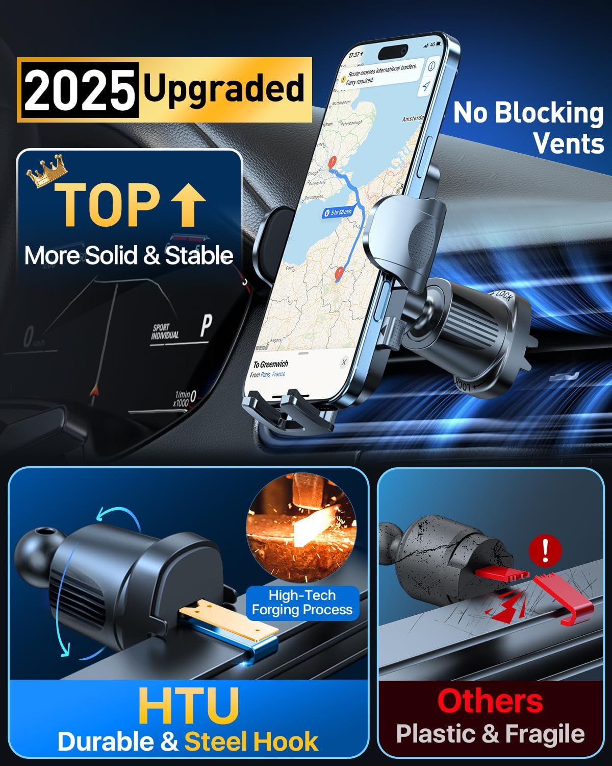 HTU Upgraded Strongest Suction Car Phone Holder Bendable Arm, Never Block View Rotatable Cellphone Mount for Dashboard Windshield Vent, Cradle Stand for iPhone 16 15 14 13 12 Pro Max (Grape Purple)