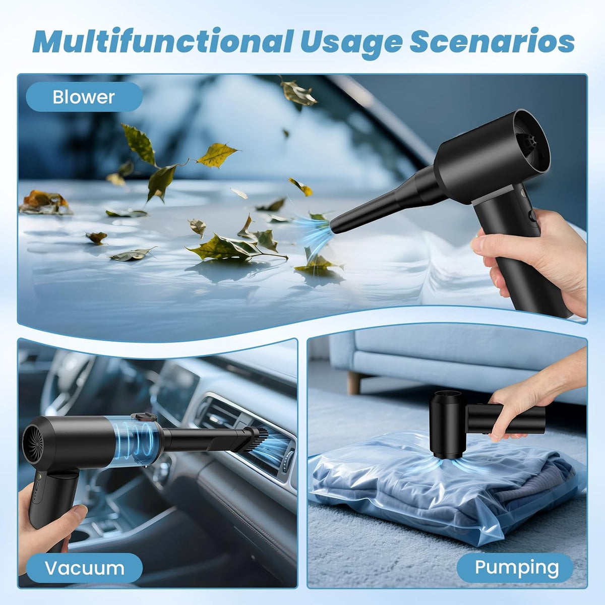 Vac V2 Portable Air Blower/Car Vacuum 90°Foldable 3in1 Handheld Vacuums Cleaner Brushless Motor High Power 16000PA Compressed Air Dusters Cordless Vacuum Cleaners for Car Home