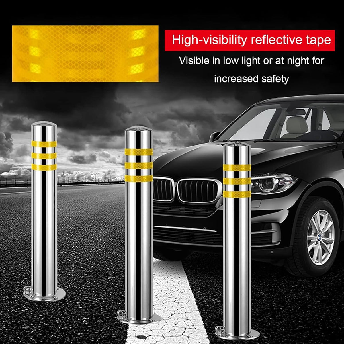 Stainless Steel Parking Bollards for Driveway, Industrial Safety Bollards Reflective Channelizer Post, Parking Barrier, Sturdy and Durable, Easy to Install, for Crowd Control(Silver (4pcs),8.9*60cm/3.
