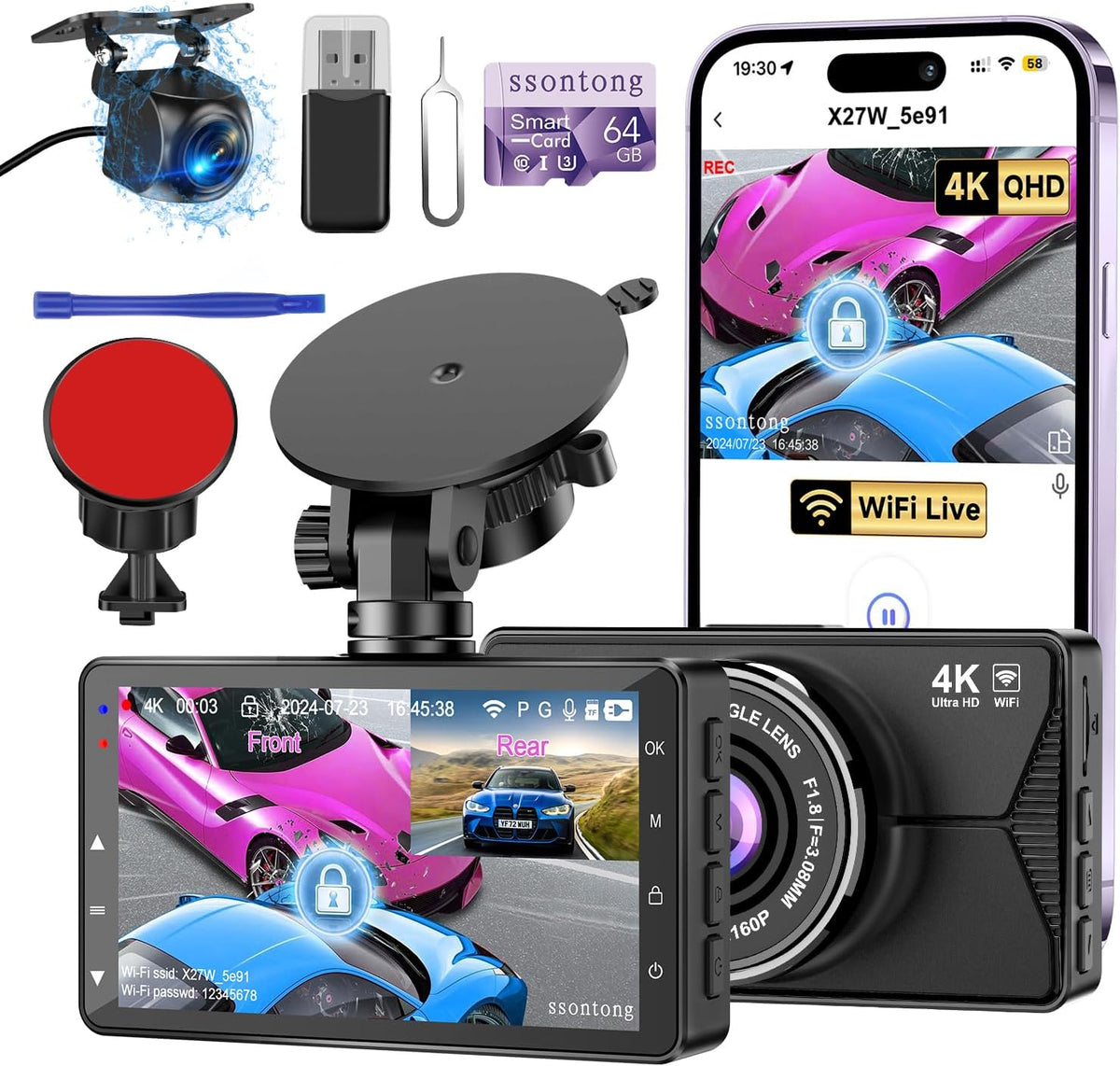 Dash Cam Front and Rear, Dash Cam 4K WiFi/APP Control Dashcam W/ 64GB Card Dash Camera for Cars DVR Car Security Cameras W/Loop Recording G-Sensor Time-Lapse Parking Mode Car Dashcam USB Powered