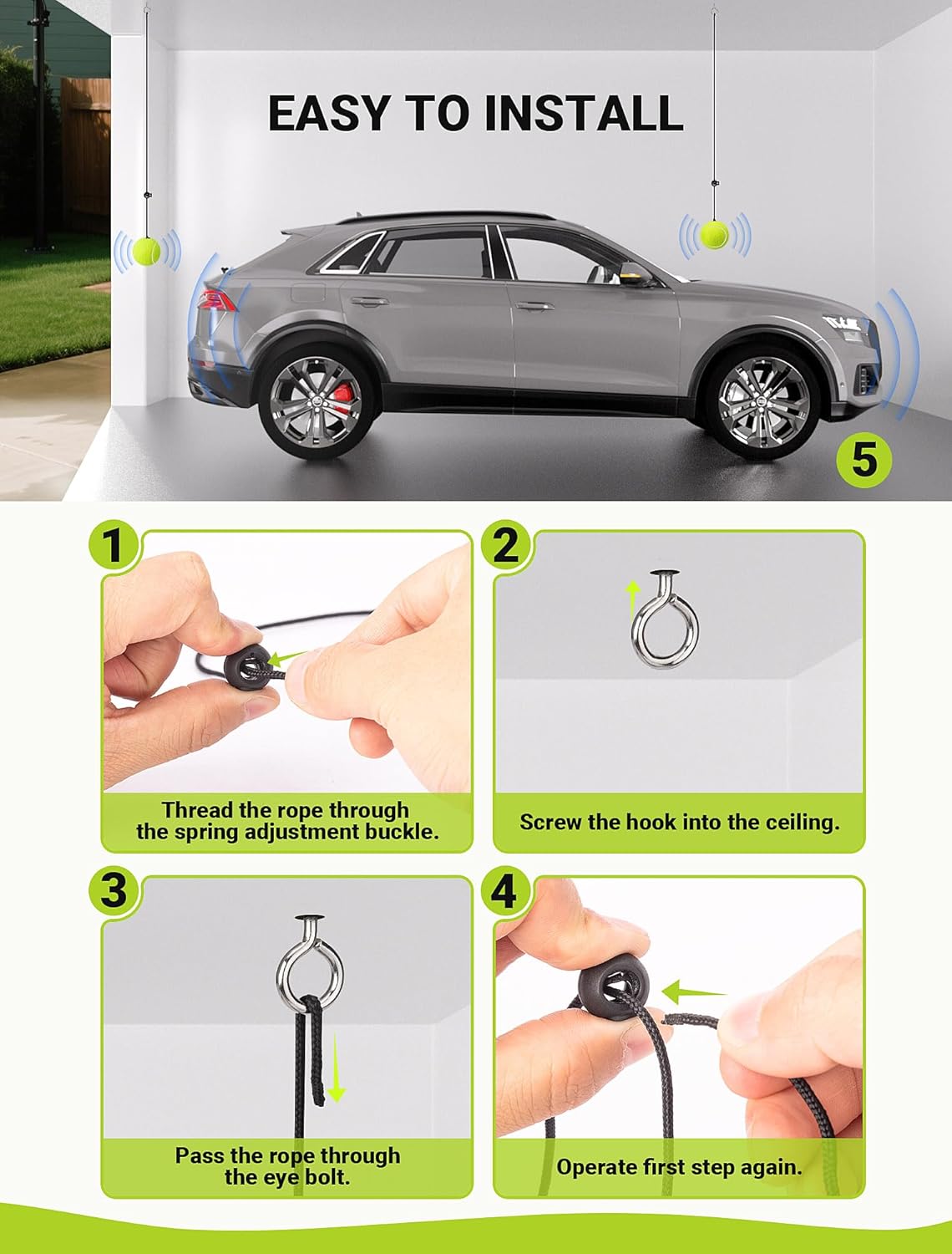 2-Packs Tennis Ball Garage Parking Aid with Non-Elastic String, Precise Garage Car Stop Indicator w/Adjustment Buckle, Easy Installation, Parking Stopper Assist for Garage Accessories