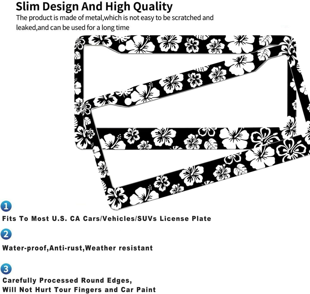 2 Pack Hibiscus License Plate Frame-Rustproof Aluminum White Hibiscus Floral Car Tag Holder Bracket for Women Men, Hibiscus Car Accessories with Screws Included