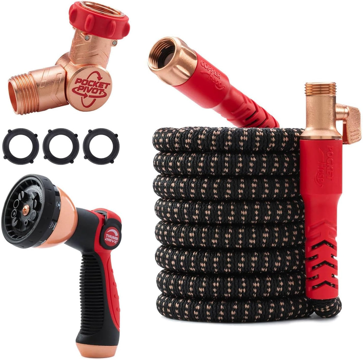 Pocket Hose Copper Head w/New Pocket Pivot Expandable Garden Hose 50 FT, AS-SEEN-ON-TV, Swivels 360°, Advanced Tri-Tex Tubing & Force Field Jacket, 3X Stronger, Lead-Free, No-Kink, Anti-Burst w/APT