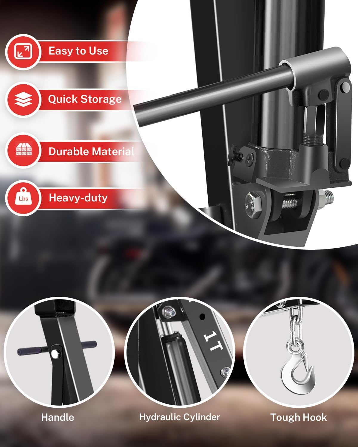 2-Ton Folding Engine Hoist, Hydraulic Shop Crane with 6 Swivel Wheels & Adjustable Boom (0.5T-2T), Heavy-Duty Cherry Picker for Garage, Workshop, Truck, Farm (Net Wt. 157 lbs)