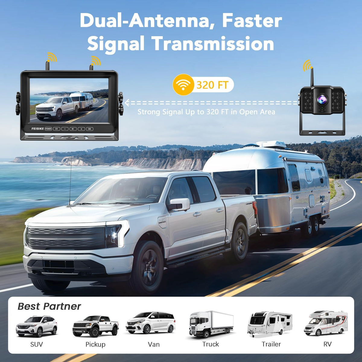 Dual RV Backup Camera Wireless with 7" 1080P Monitor, for Furrion Pre-Wired RVs, 4-Channel Split Screen System, Loop Recording, IR Night Vision, Wide Rear View Camera for Truck, Trailer, Camper