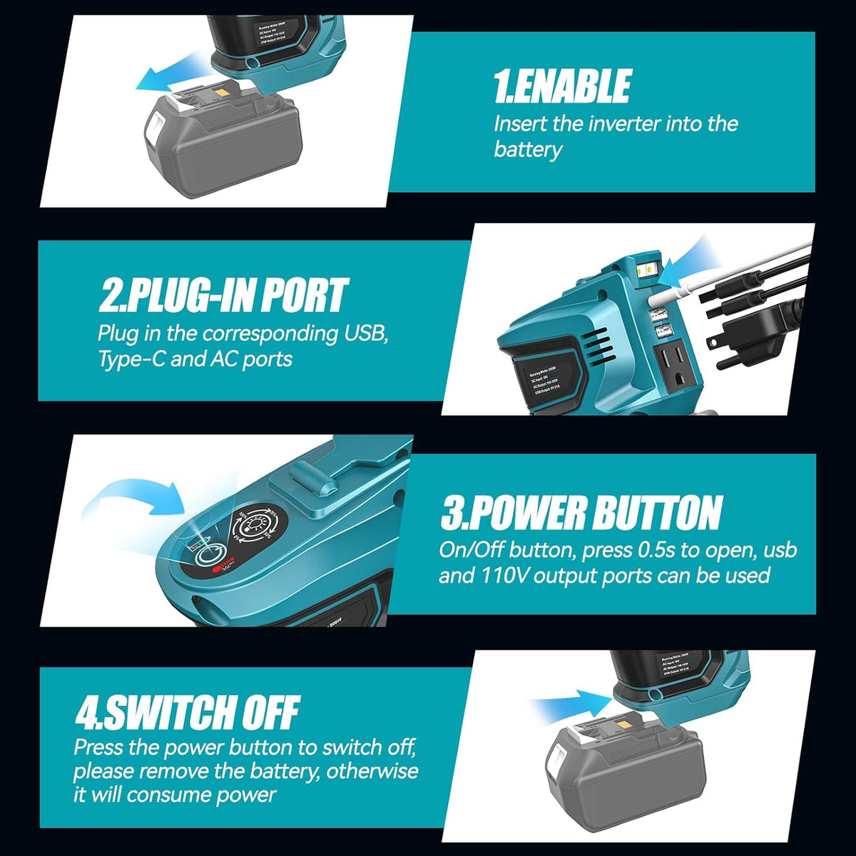 Power Inverter for Makita 18V Battery: Ecarke Portable Power Supply Inverter Convert - 200W DC 18V to AC 110V~120V Battery Powered Outlet with 2 USB&AC Power Station(Bare Tool Only)