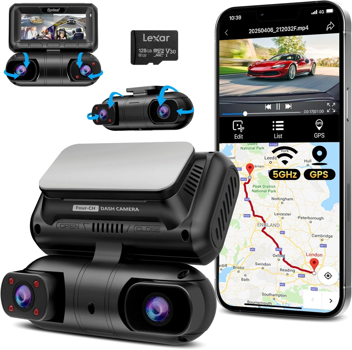 SPRLEAF 4 Channel Dash Cam with Front Cabin Rear Cabin Cameras, 360 Degree View Dash Camera for Cars, Built-in GPS, 5GHz WiFi, IR Night Vision, 24H Parking Monitor, G-Sensor, Free 128GB Card, 1080P*4