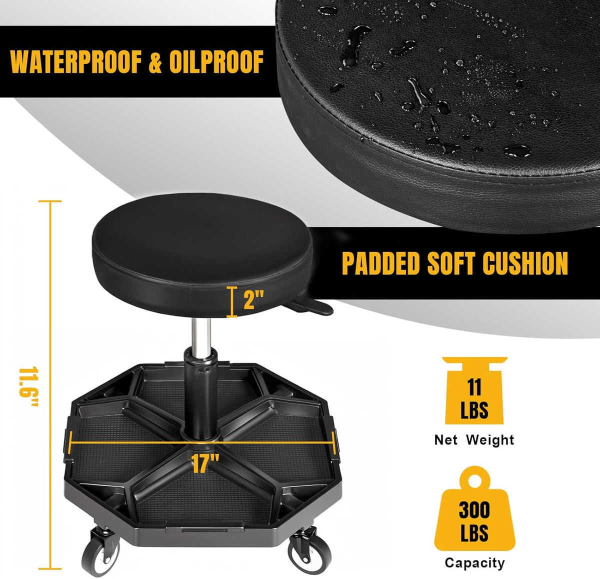 YELLOW JACKET Rolling Garage Seat with Wheels Adjustable Height Pneumatic Mechanic Stool 300Lbs Heavy Duty Shop Creeper Seat with 4 Removable Storage Tool Tray Workshop Chair for Auto Repair