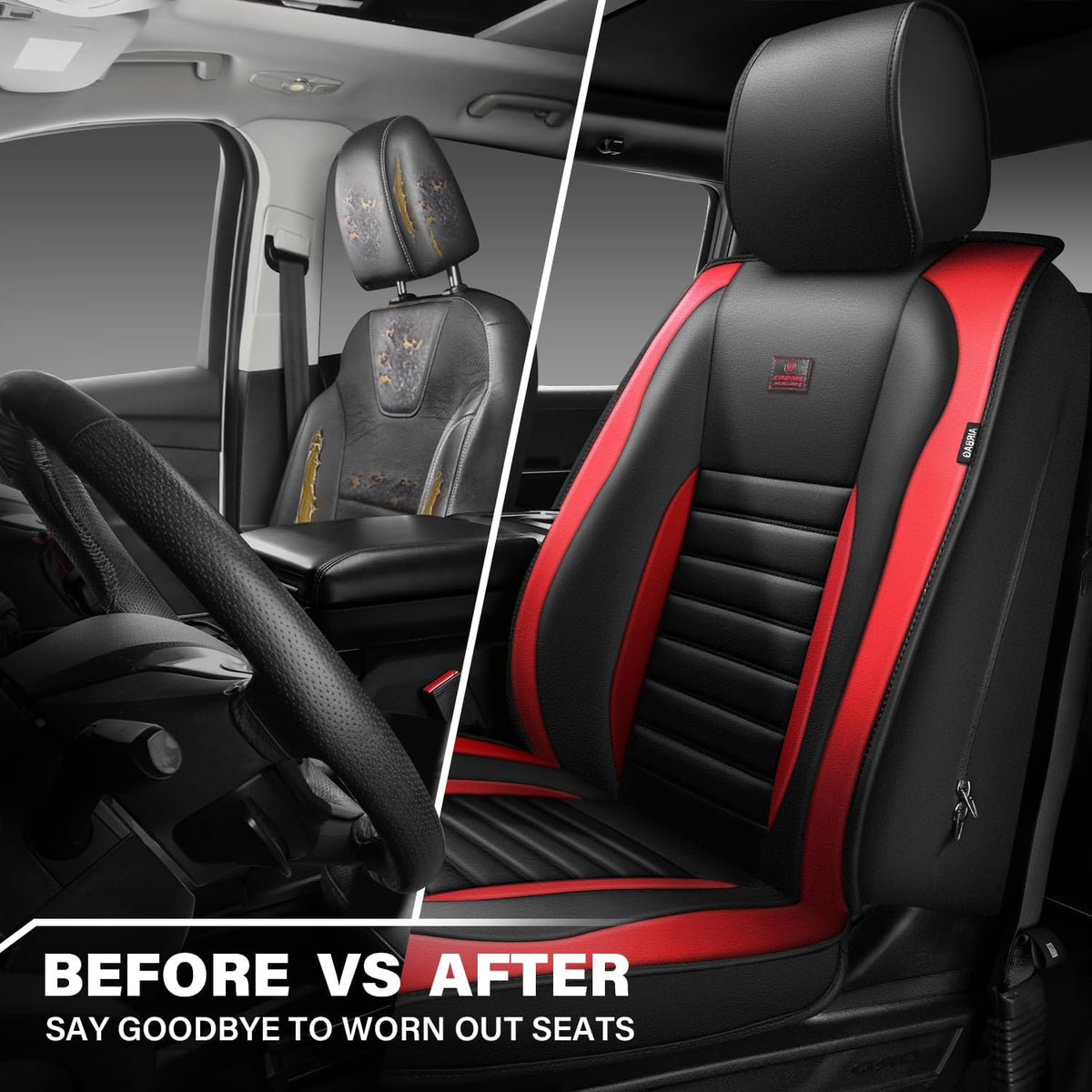 CAR PASS Nappa Leather Car Seat Covers Front Seats, Luxury Seat Protector for Cars, Waterproof Anti-Slip Seat Cushion Armrest Compatible Airbag Universal for Sedan SUV Pick-up Truck Auto, Black Red