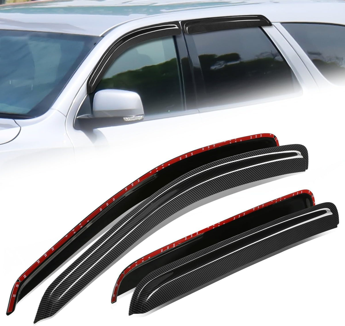 Auto Dynasty 4Pcs Carbon Fiber Pattern Window Visors Compatible with 2004-2009 Dodge Durango, Tape-On Front & Rear Window Deflectors Rain Guards Sun Wind Air Side Vent Shade, Glossy Black