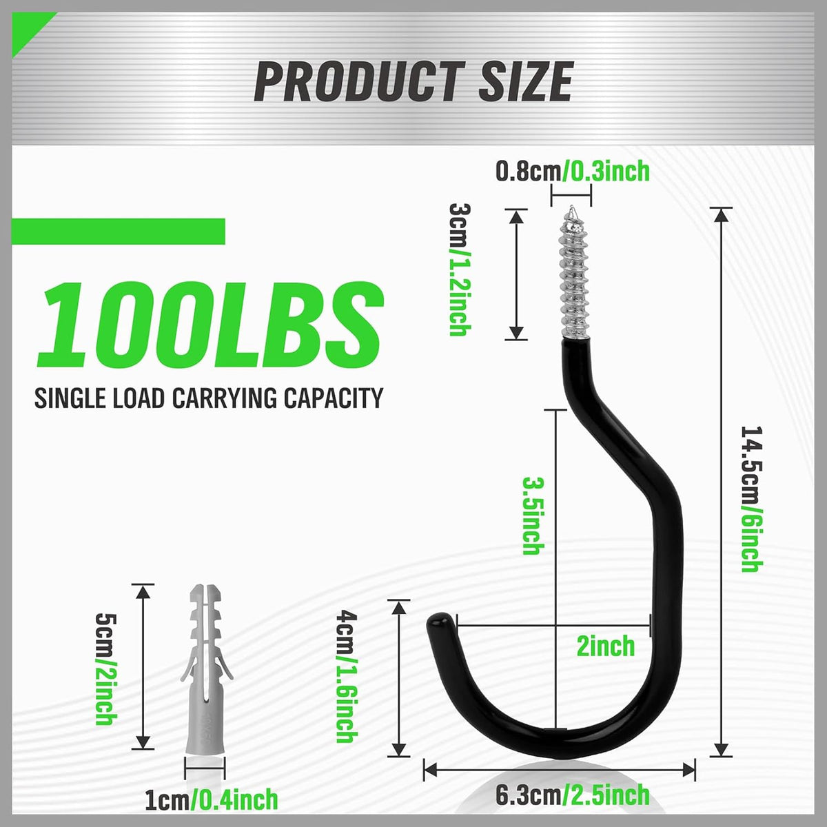 SWANLAKE 8-Piece Heavy Duty Garage Bike Hooks, 6-inch Bike Hooks for Garage Organization, Wall & Ceiling Mount Screw in Hanging Hook, Max Unit Load 100LBS Rustproof Utility Hook Bikes Hanger