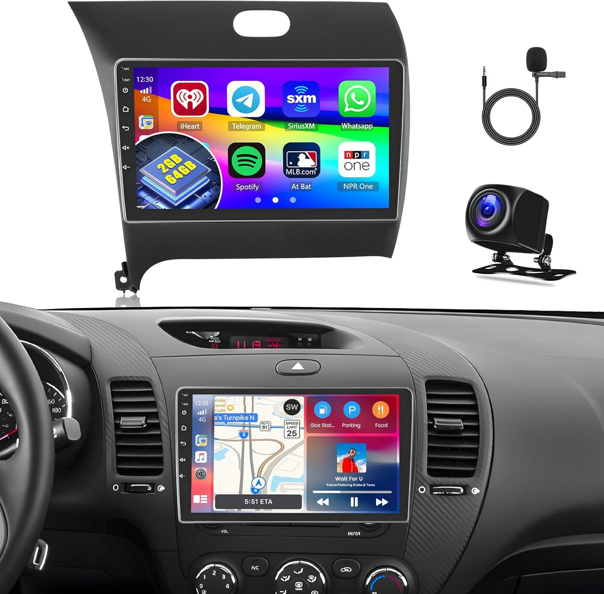 [2G+64G] Android 15 Car Stereo for Kia Cerato K3 Forte 2013-2018 with Wireless CarPlay Android Auto, 9 Inch HD Touch Screen with WiFi GPS Bluetooth FM/RDS Radio SWC USB Backup Camera MIC