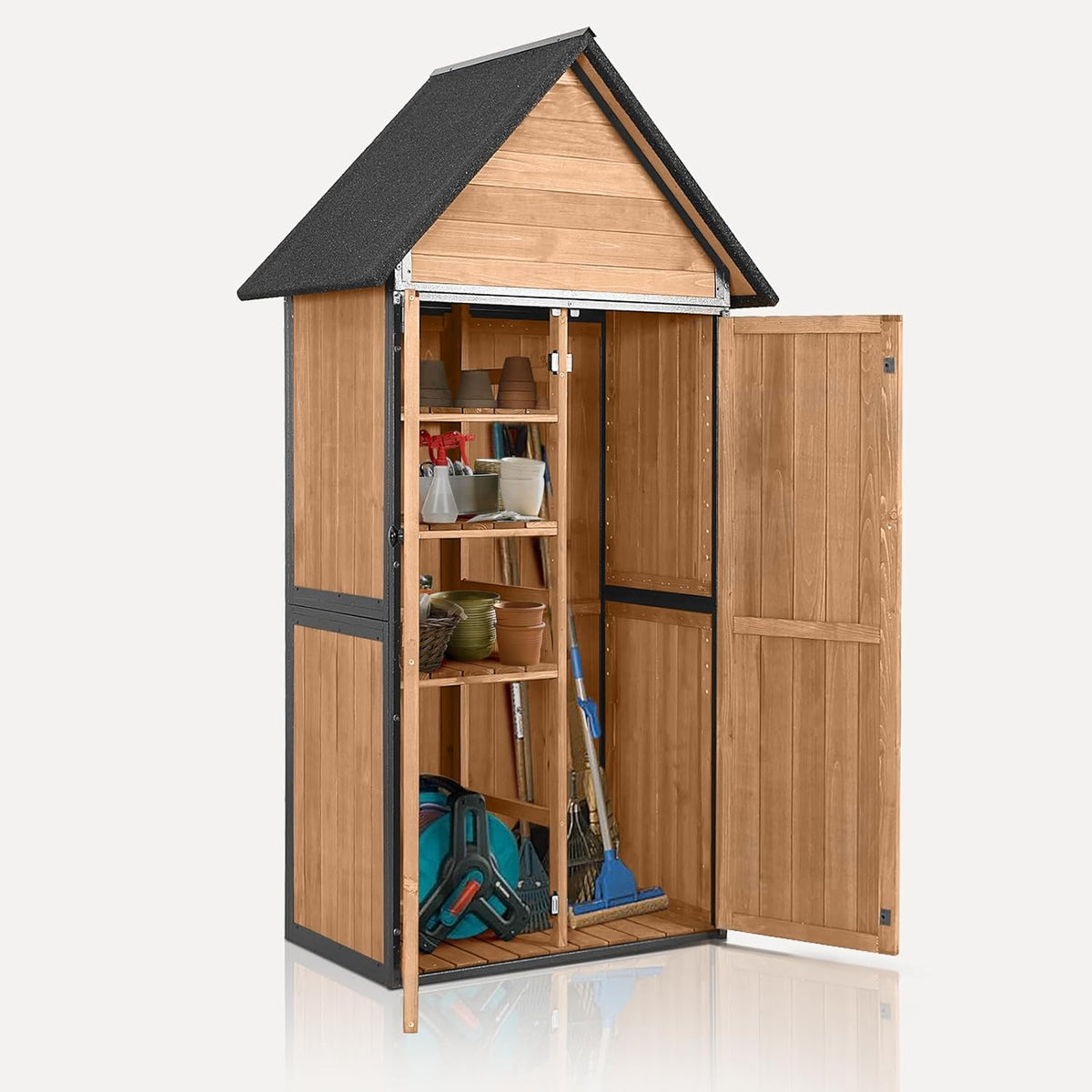 Outdoor Storage Shed with Floor and Waterproof Roof - Metal Framed Tool Cabinet with Adjustable Shelves - Double Lockable Doors for Backyard, Garden, Patio (Brown)