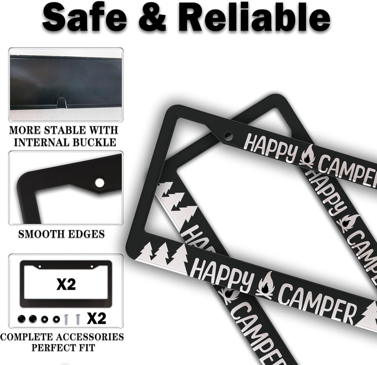 License Plate Frames Black and White Metal License Plate Frame Happy Camper with Campfire Universal Aluminum Car Accessory 2 Pack with Screw Covers Set