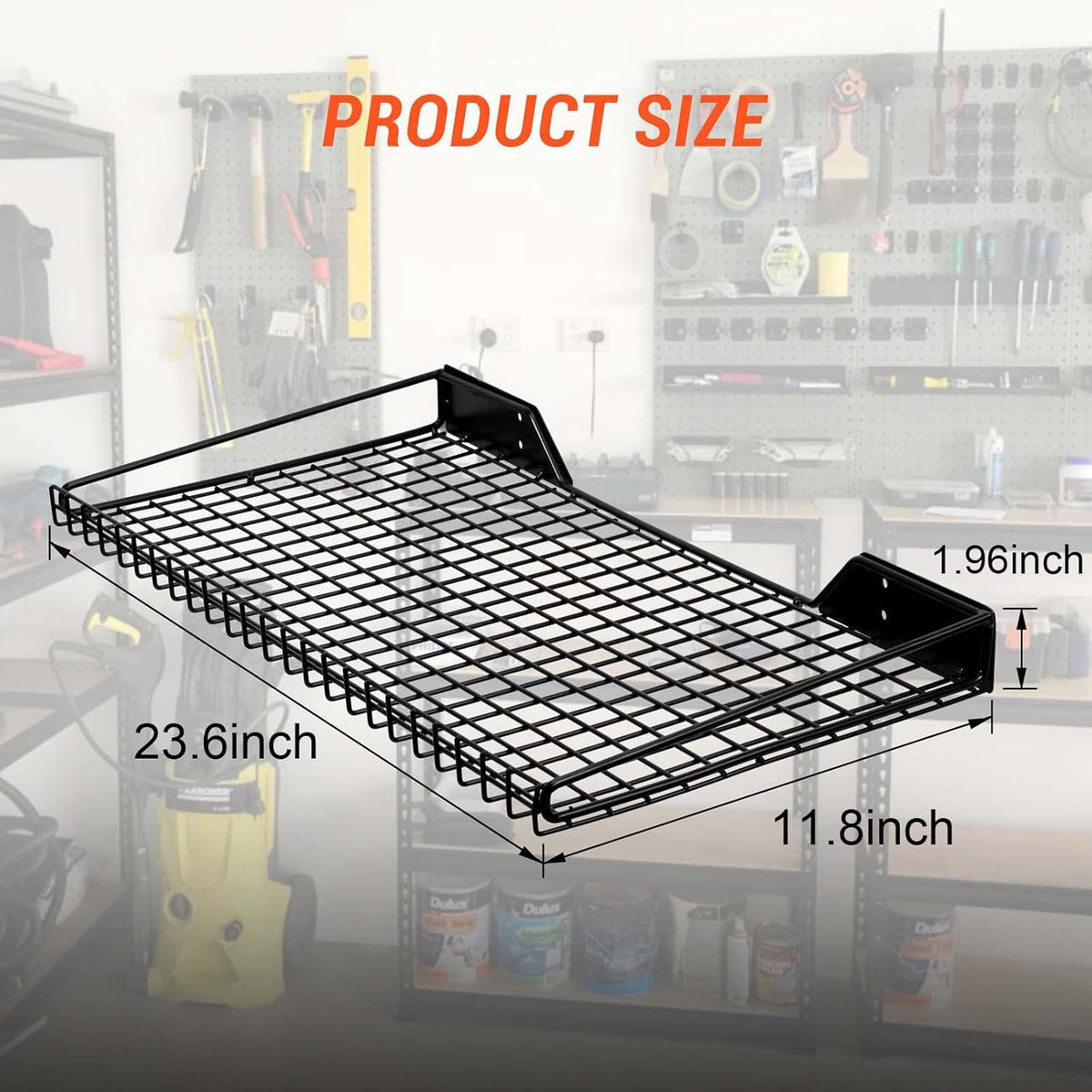 Wallmaster Heavy Duty Garage Wall Shelving 4 Pack 23.6"x11.8" Metal Wire Shelves Wall Mount Mesh Storage Rack for Garage, Office, Basement and Kithcen, max Load 65 lbs (Black)
