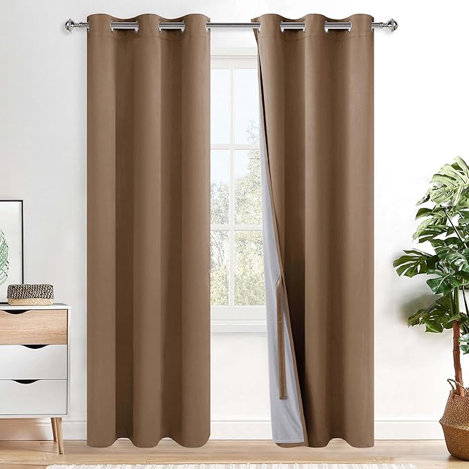 XWZO 100% Blackout Curtain Panels - Thermal Insulated Black Liner Curtains, Noise Reducing and Heat Blocking Drapes for Hall and Studio Windows with Tiebacks, Cappuccino, W38 x L84, Set of 2