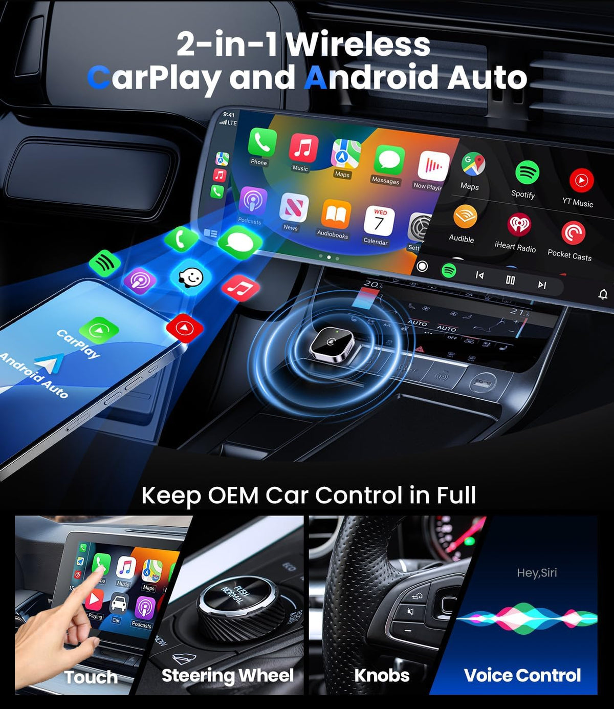 Teeran 2 in 1 Wireless CarPlay and Android Auto Adapter, Easy Setup Plug and Play, Fast Seamless Use Supports 1000+ Car's with Built-in Wired Car Play/Android Auto, Compact Sleek Design Car Adapter