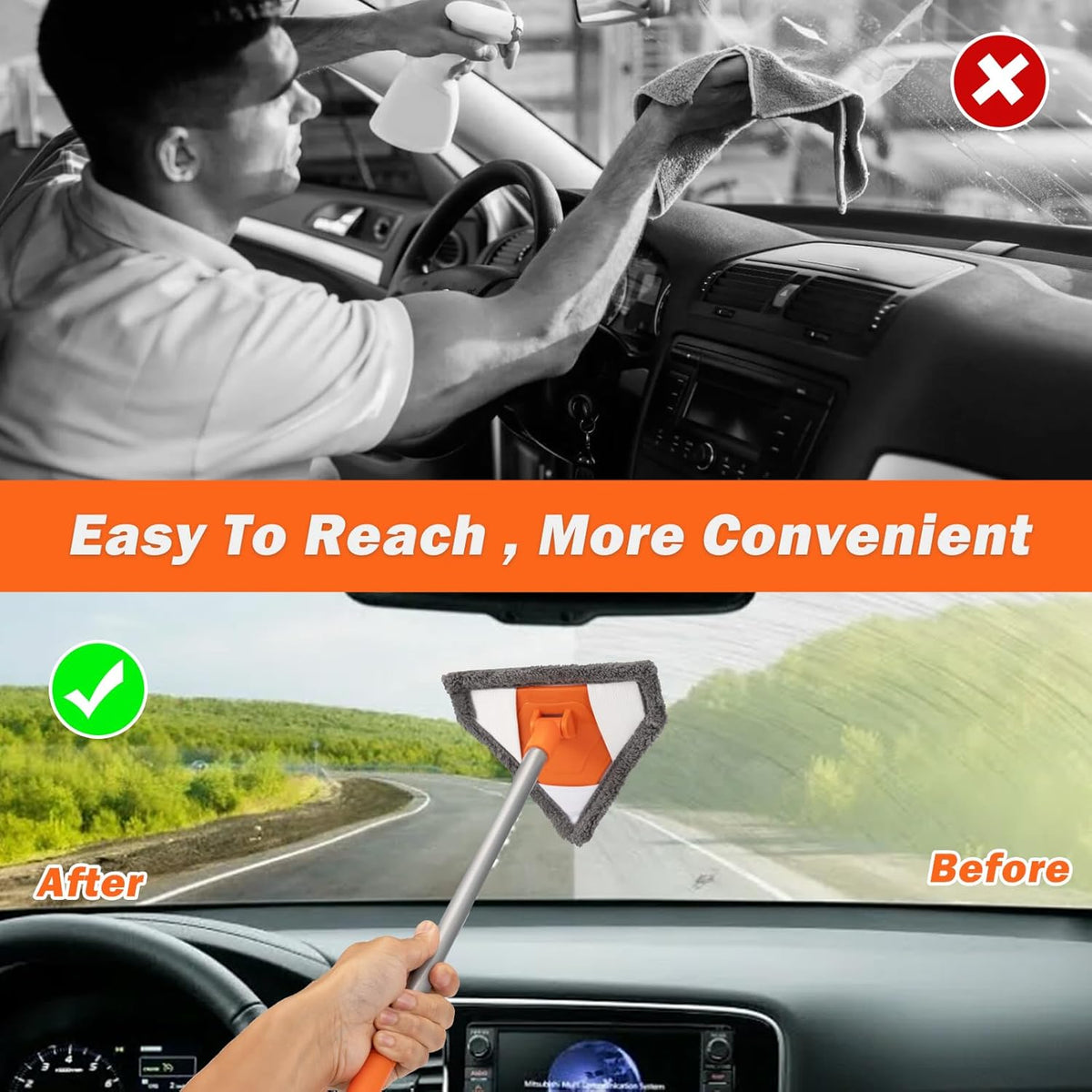 Conliwell Windshield Interior Cleaner Tool - Auto Glass Wash Brush with 2 Washable and Reusable Microfiber Pads | Car Accessories Interior Cleaning Kit for Trucks, SUVs, RVs & Home Windows
