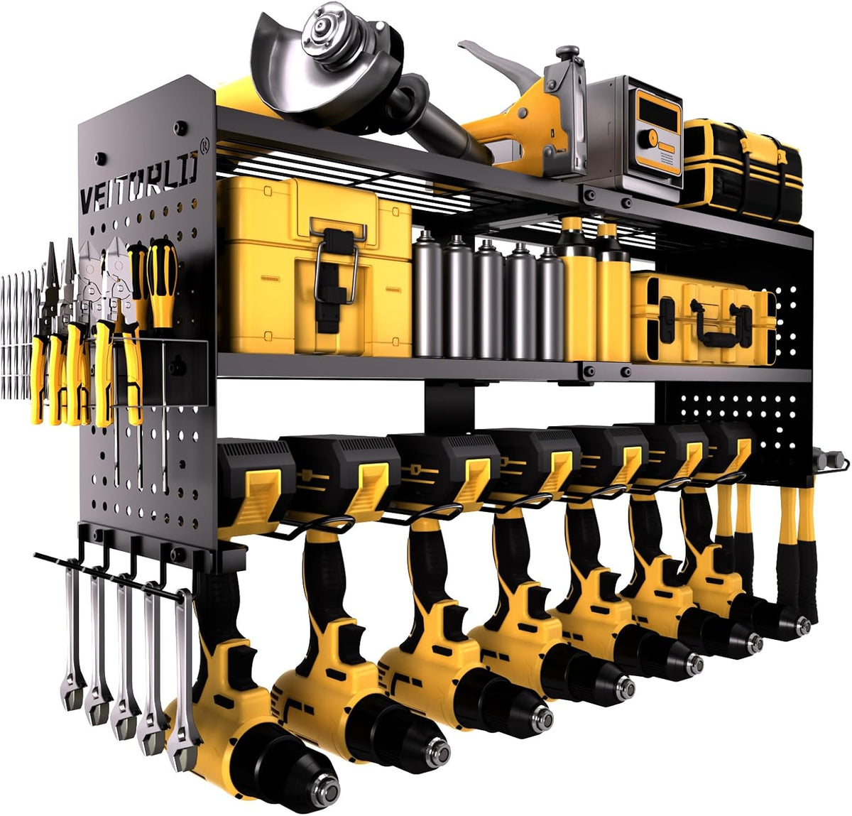 Large Power Tool Organizer Wall Mount, 3-Tier Heavy Duty Metal Loads 260 lbs, 7 Cordless Drill Holder Garage Tool Storage Rack, Utility Shelf for Workshop Shed Basement, Gifts for Men Dad Christmas