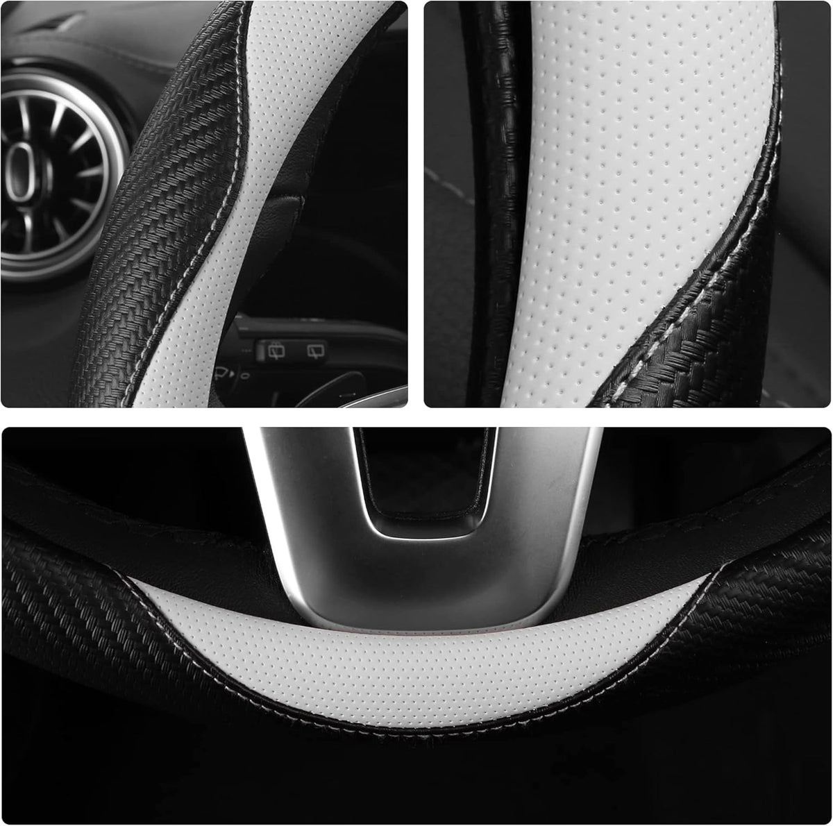 Car Steering Wheel Covers for Women Girl Padded Carbon Fiber PU Leather Cute Cartoon Auto Interior Accessories for Jeep, Truck, Universal, Anti Slip, White, Large Size 15.5-16"(39-41cm)