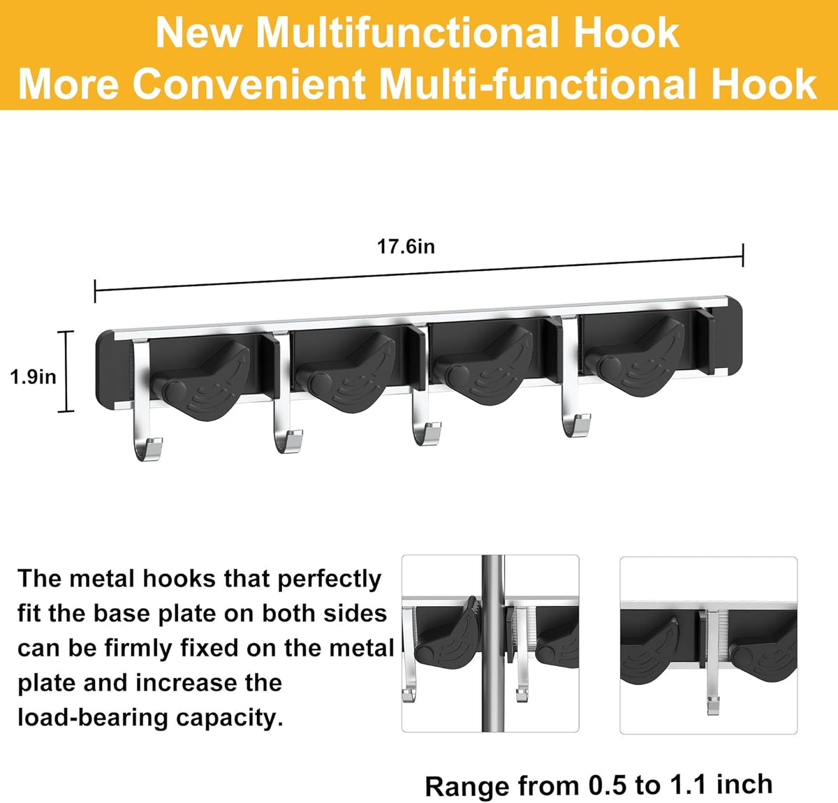 2-Pack Metal Mop Broom Holder Wall Mount - 4 Slot Tool Organizer with Rubber Grips for Kitchen, Garden, and Home Storage