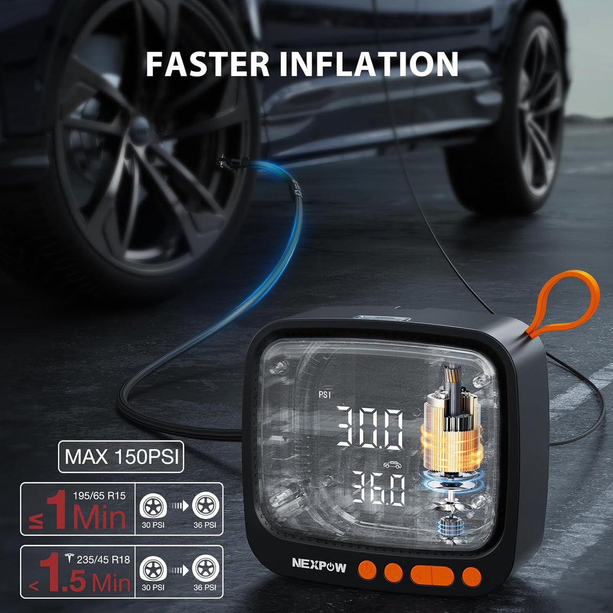 Tire Inflator Portable Air Compressor, NEXPOW 150PSI 12V DC Air Pump with Dual Digital Pressure Gauge & Auto Shut-Off, Air Compressor Portable with LED Light for Car, Motorcycle, Bicycle, Ball, Orange