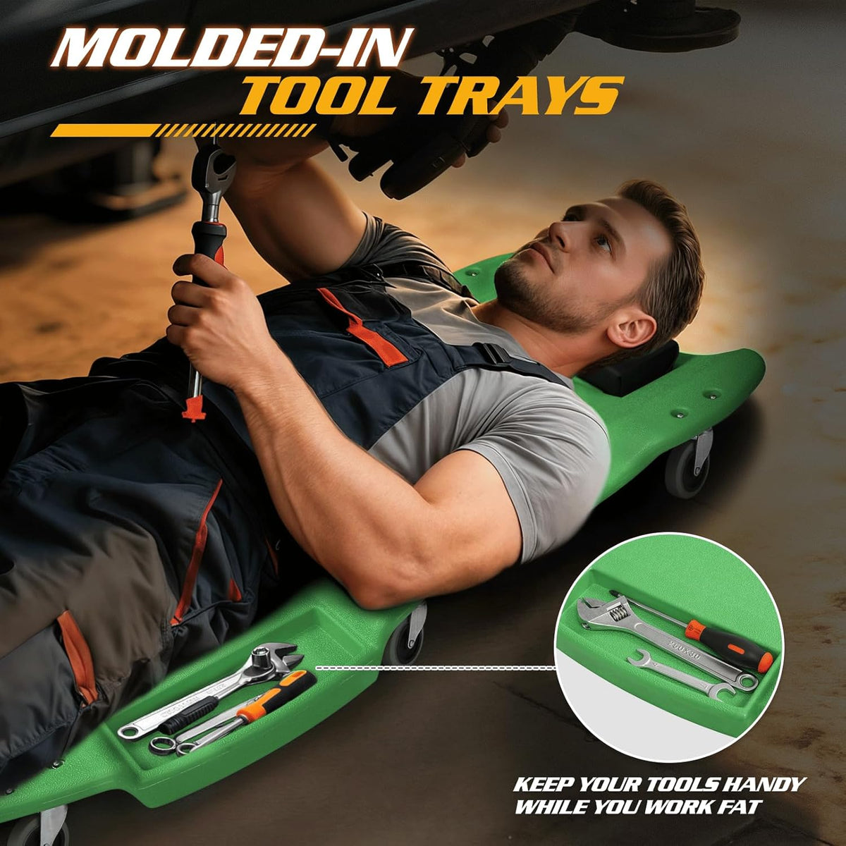 Magshion Mechanic Creeper with Padded Headrest & Tool Trays – 440 lbs Capacity, Rolling Garage Creeper with 6 Swivel Wheels, Lightweight & Portable Under Car Creeper for Auto Repair (Green)