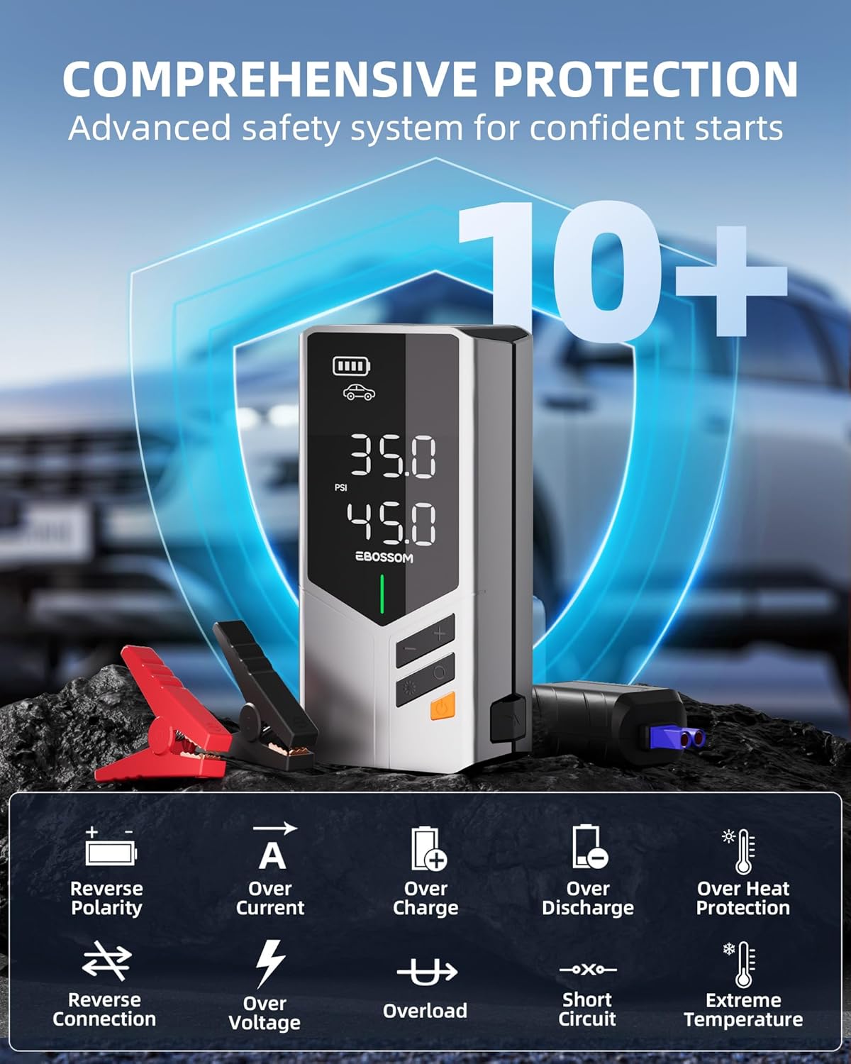 Portable Car Jump Starter with Air Compressor, 150PSI Tire Inflator with 44.4Wh Battery, car Battery Jump Starter for 6.0L Gas, Fast Inflation Pump with Bulite-in Nozzle Storage, LED Light for Car
