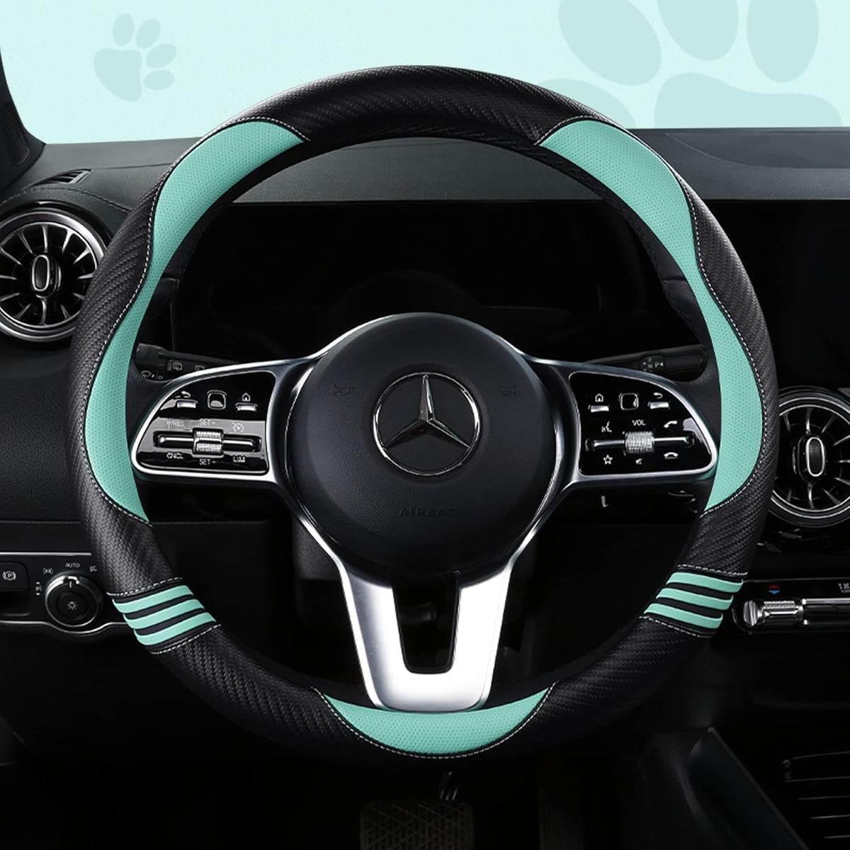 Car Steering Wheel Covers for Women Girl Padded Carbon Fiber PU Leather Cute Cartoon Auto Interior Accessories for Jeep, Truck, Universal, Anti Slip, Green, Large Size 15.5-16"(39-41cm)