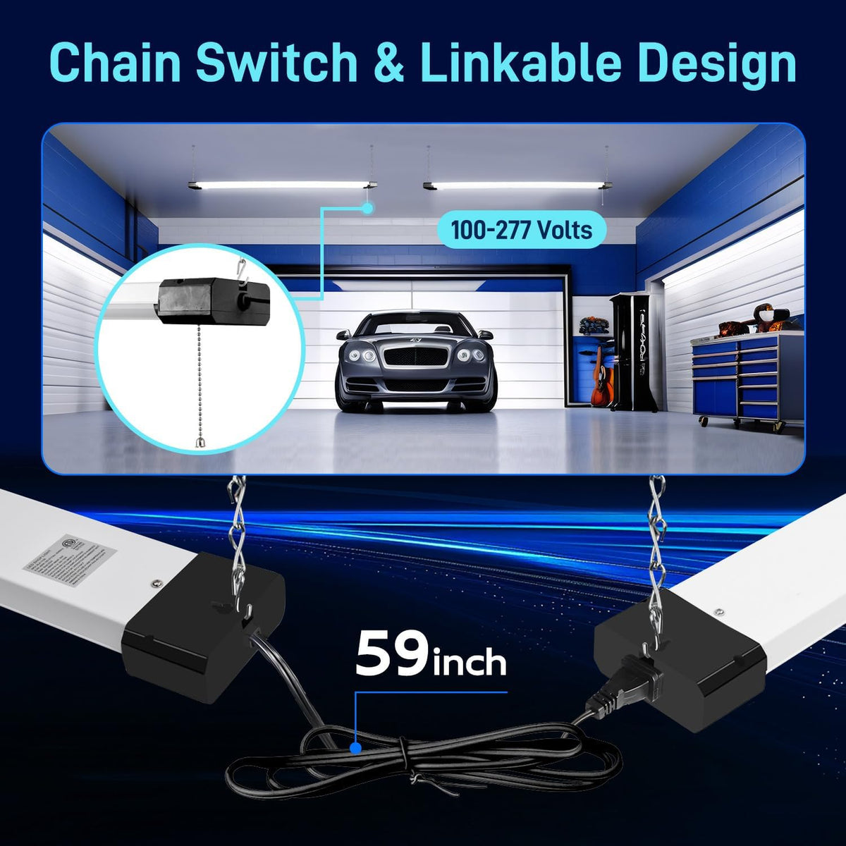 hykolity 4 Pack 4FT LED Shop Light, Linkable Utility Shop Lights, 42W, 5000K Daylight White Shop Light for Garages, Workshops,Hanging or FlushMount, Power Cord with Pull Chain Switch, Balck, ETL
