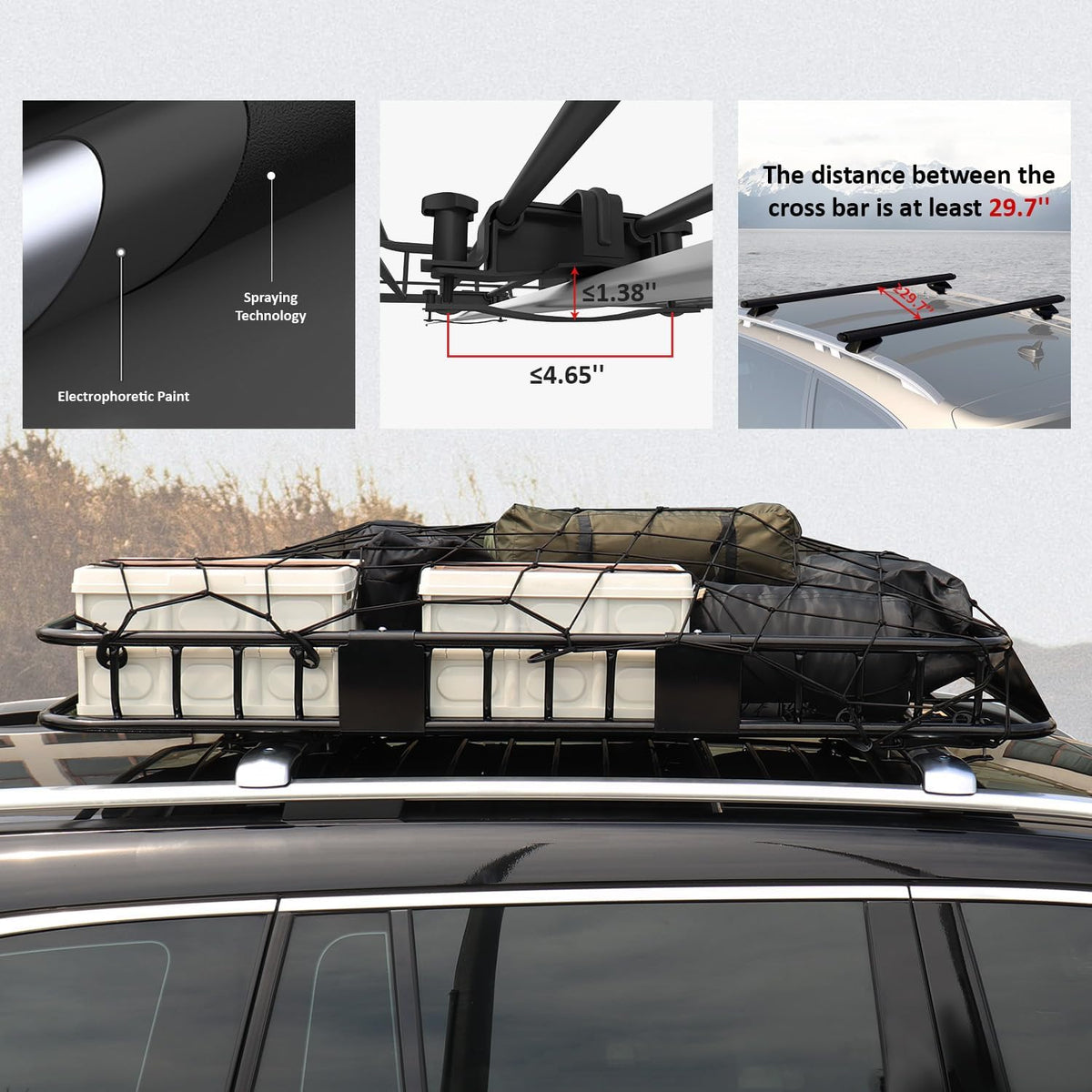 FORWODE Roof Rack Carrier Basket, 64" x 39" x 6" Rooftop Cargo Carrier with 250 lbs Capacity, Rust-Proof Steel Heavy Duty Car Top Luggage Basket with Waterproof Cargo Bag, Net and Straps