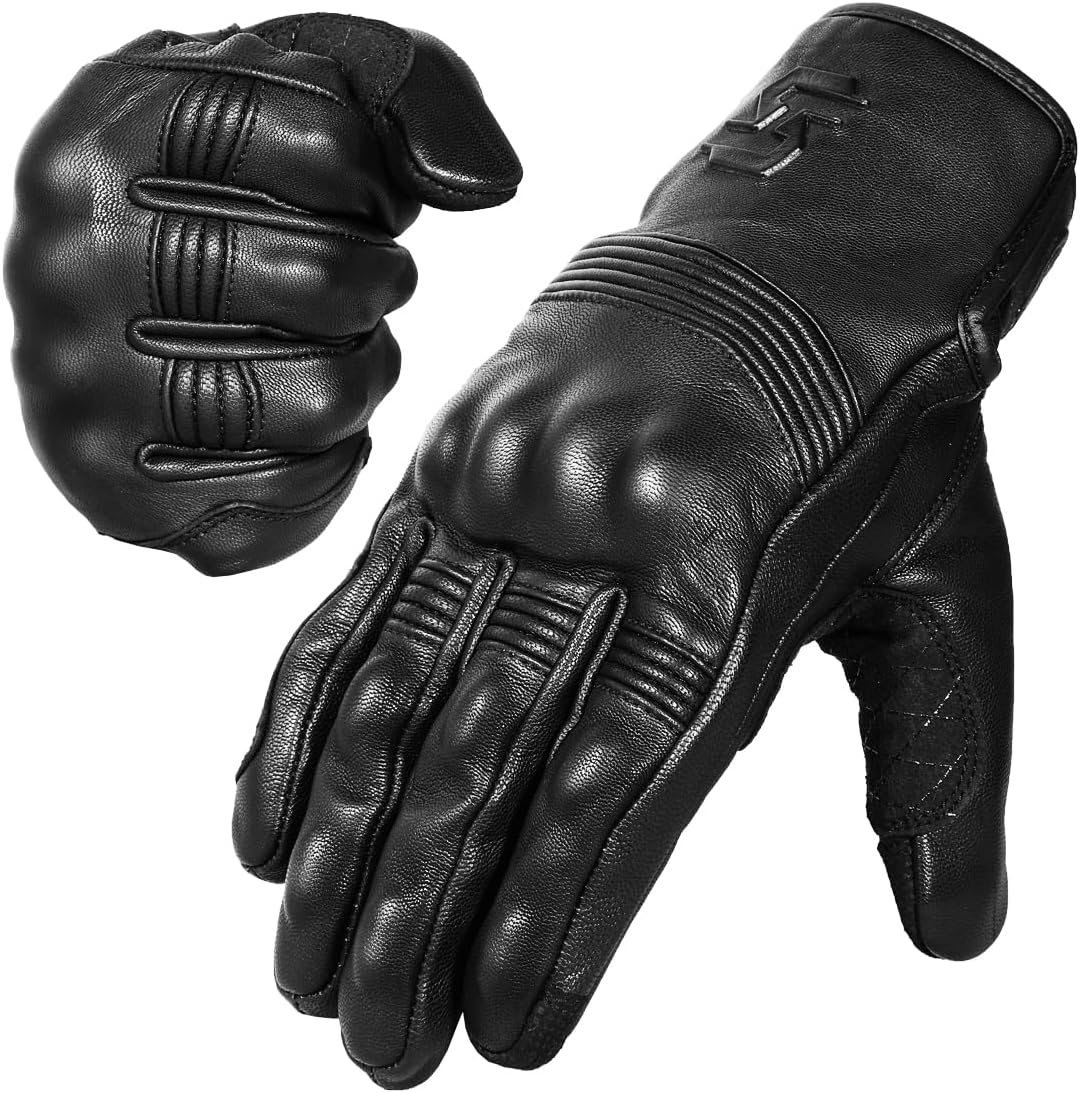 Leather Motorcycle Gloves for Men and Women | Touchscreen | Full Finger | Goatskin Leather Hard Knuckle Motorcycle Riding Gloves (Un-Perforated, Small)