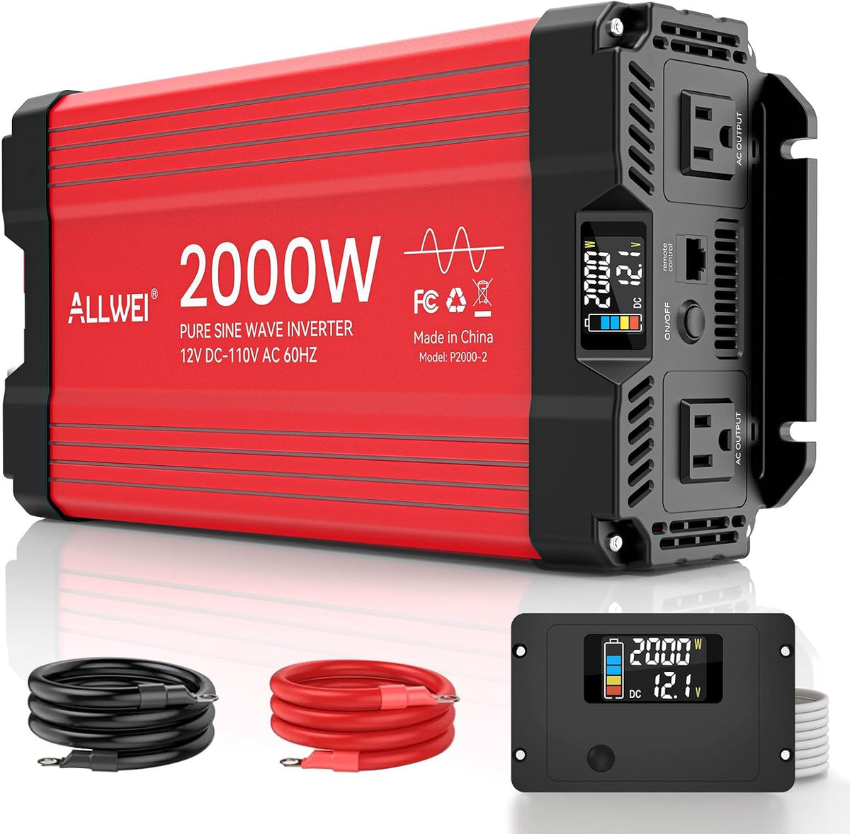 ALLWEI 2000W Pure Sine Wave Inverter 12V DC to 110V AC Converter, Surge 4000W, 2 AC Sockets, LCD Display, Power Inverters for Vehicles, RV, Truck, Home, Solar & Off-Grid Inverter, Remote Controller