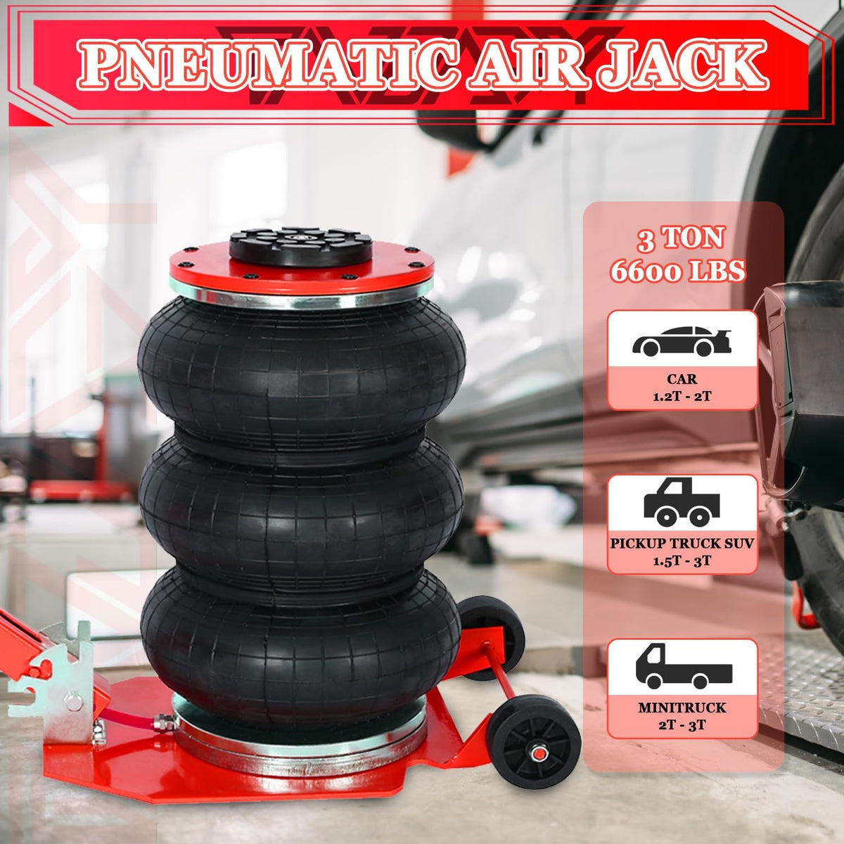 3T Triple Bag Air Jack 6600lbs Pneumatic Jack 3s Fast Lift Up 16in Airbag Jack with Adjustable Long Handle Heavy Duty Triple Air Bag Jack Lift for Cars Garage (Red)