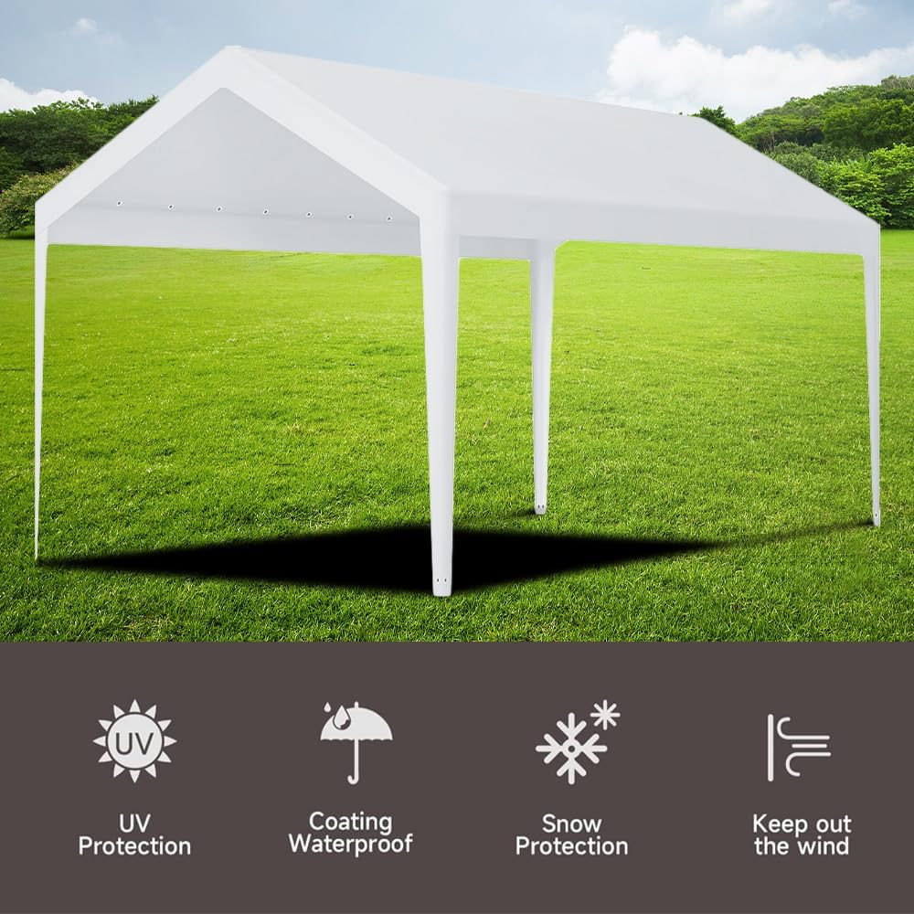 Rutile 12 x 20 FT Carport Replacement Cover, Heavy Duty Car Tarp Canopy Tent Garage Top Shelter Cover with Fabric Leg Pole Skirts and Ball Bungees White (Only Top Cover, Frame is not Included)