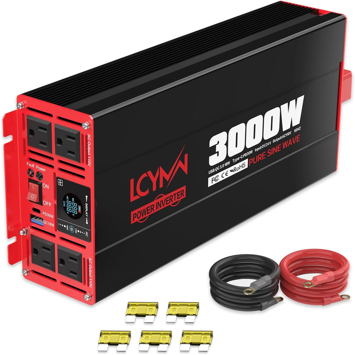 3000 Watts Pure Sine Wave Power Inverter 24V DC to 110V 120V AC Converter for Home RV Off Grid Truck Solar System Inverters with Type-C PD30W USB QC3.0 Port 4 AC Outlets LCD Display and Remote Control