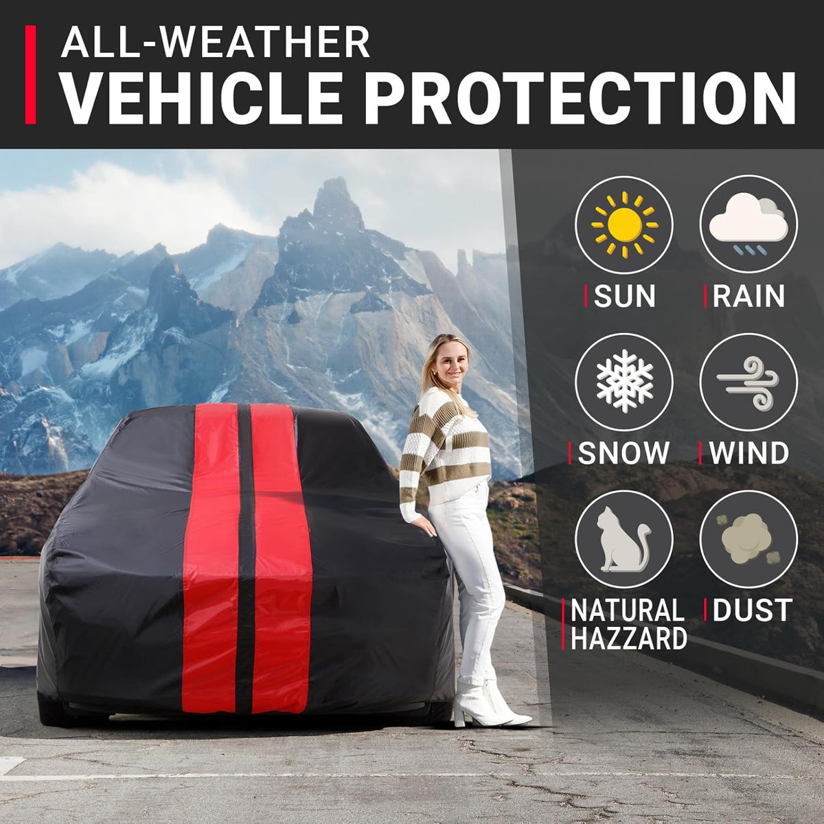 iCarCover Custom Car Cover for Pontiac Lemans (1961-1962) Waterproof All-Weather Rain Snow UV Sun Protector Full Exterior Indoor Outdoor Car Cover (Stripe - Black/Red)