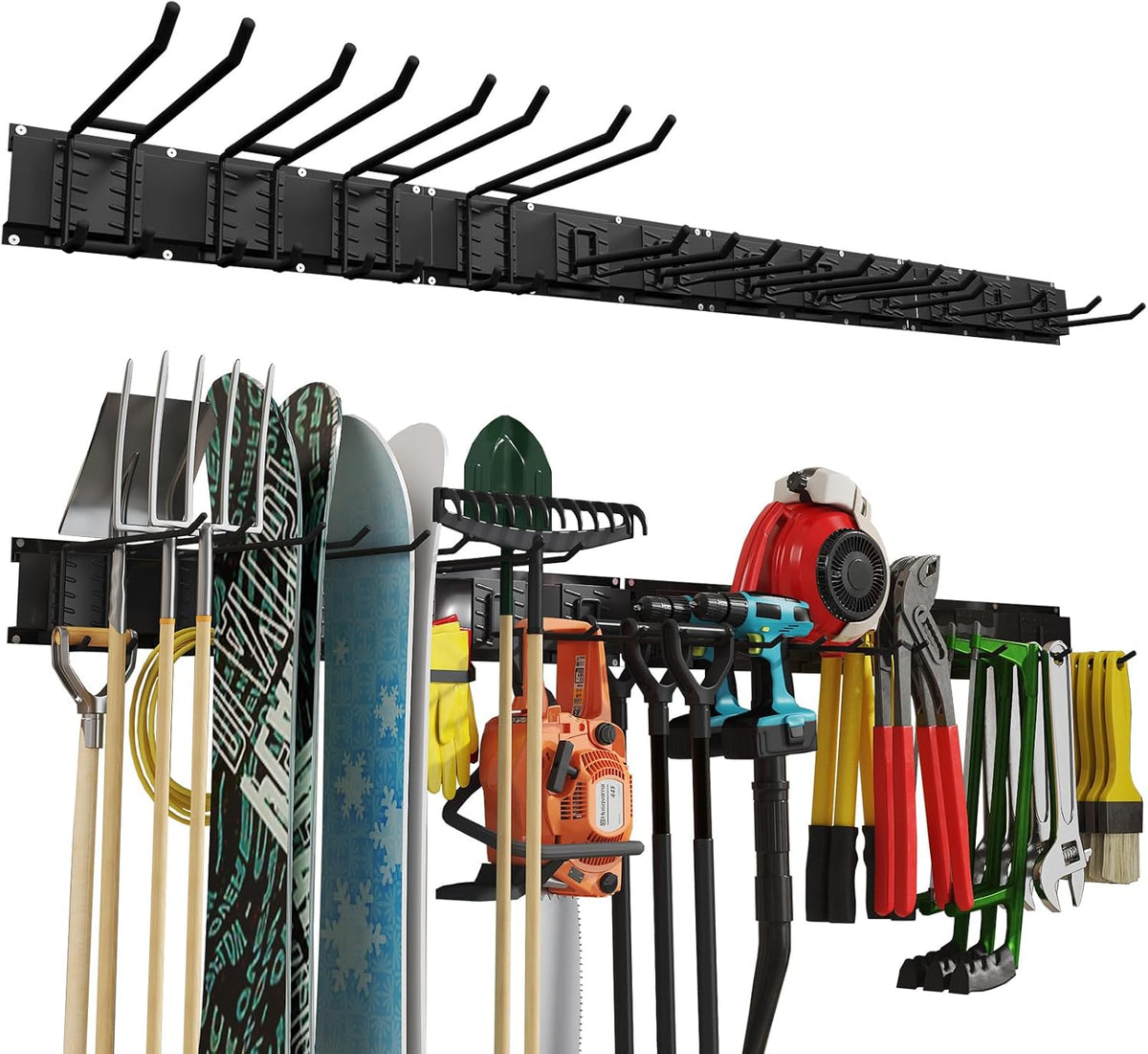 64 Inches Garage Organization, Wall Mount Garden Tool Organizer, 880lbs Adjustable Heavy Duty Metal Hanging Hooks, Garden Tool Storage Rack for Garage, Yard, and Shed (4 Racks, 12 Hooks)