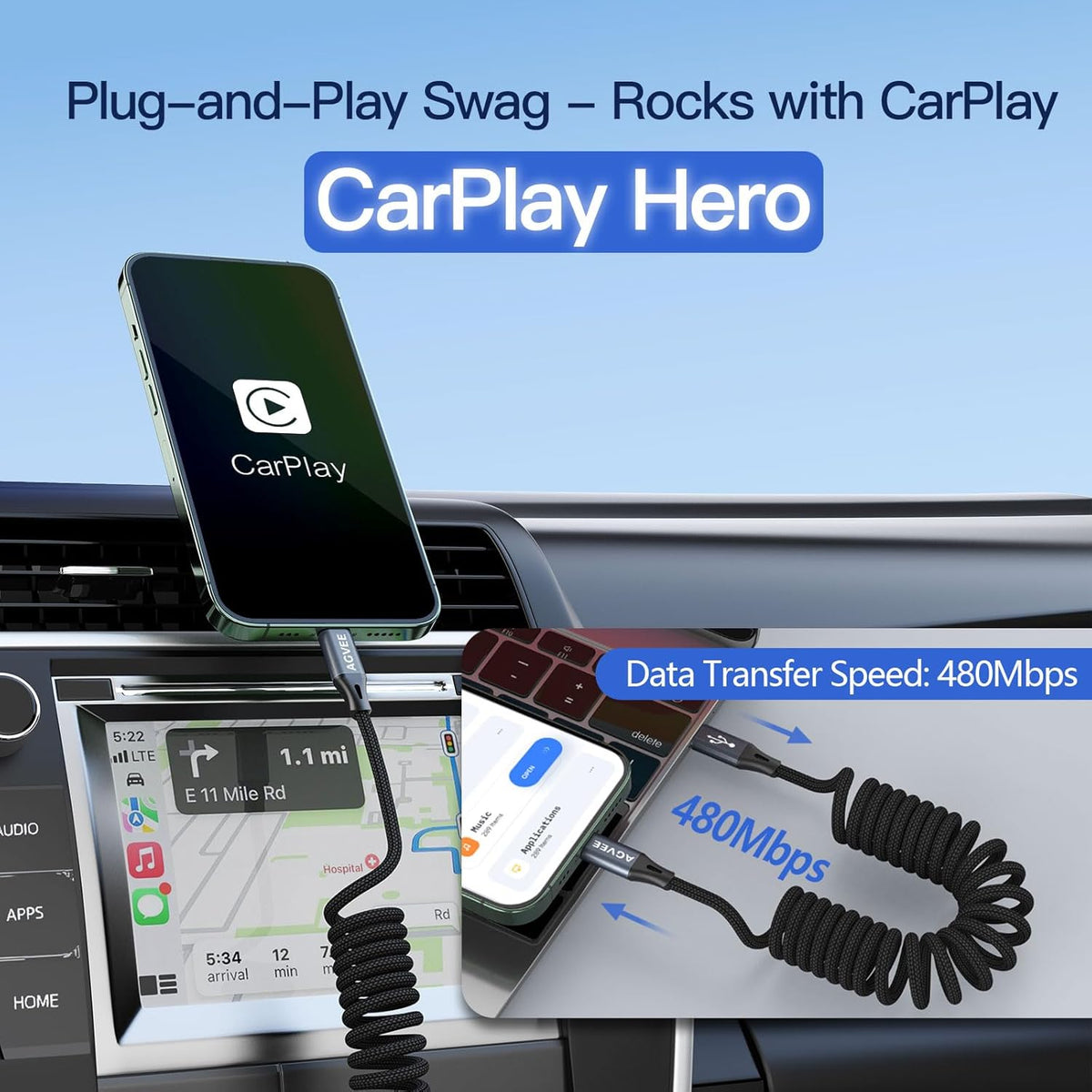 AGVEE 2 Pack 3ft Coiled Short USB-C to Lightning Charging Cable [MFI Certified] 30W PD Fast Charger Cord in Car for iPhone 14/13/12/11/XS/8/7/6/5 CarPlay, iPad, iPod, Dark Gray