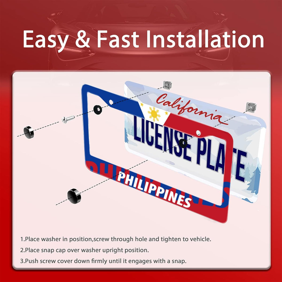 Philippine Flag License Plate Frames Round Hole Personalise License Plate Frame Car Universal Accessories Stainless Steel Cars Decor 2 Holes and Screws Fits Standard US Vehicles Size12.2 x 6 Inches