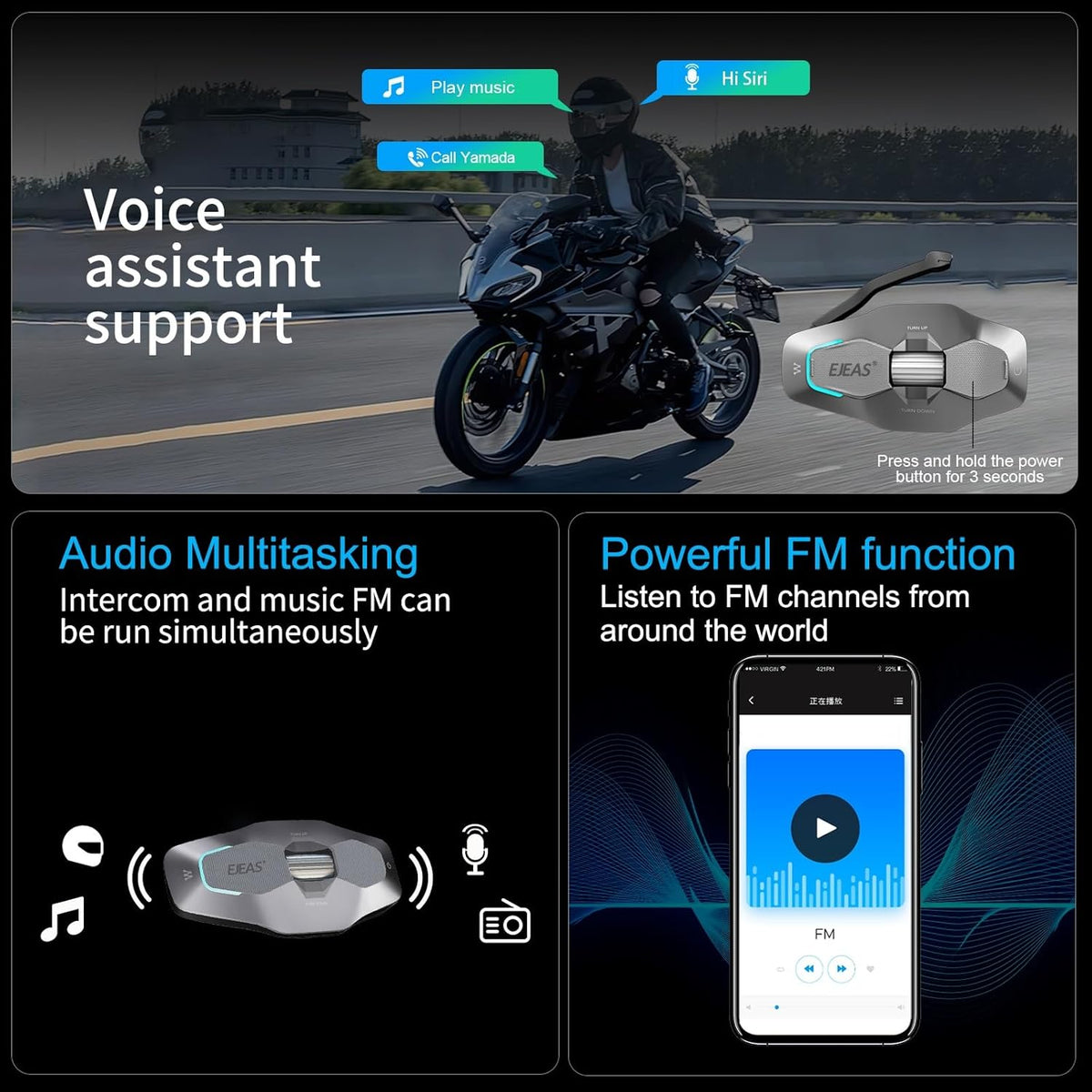 SolaMr X10 Motorcycle Helmet Bluetooth Headset Speakers Headphone, Ski Helmet Intercom Integrated Mesh Communication System Support 10 Riders with Bluetooth 5.1, Noise Cancellation, FM Radio, Sliver